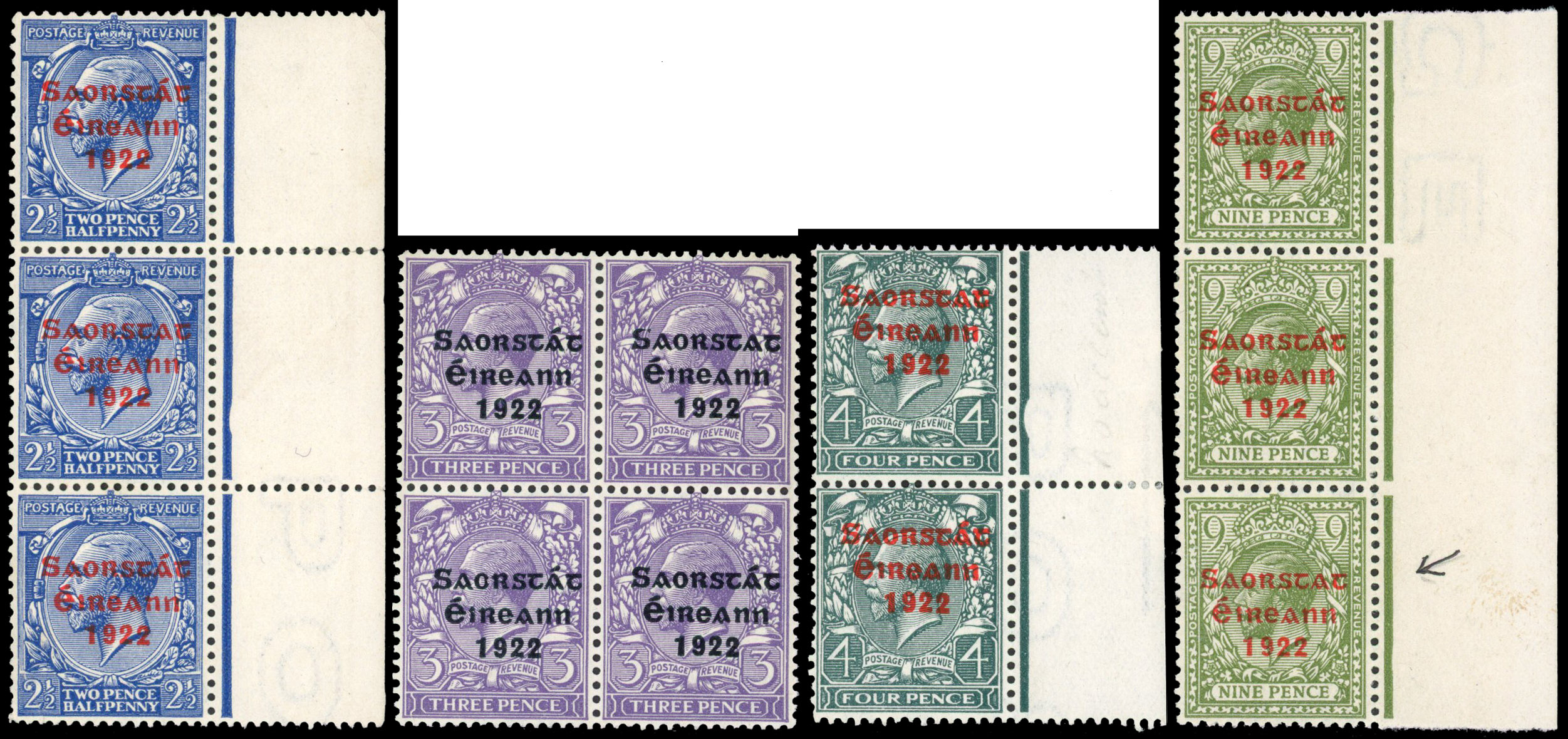 Ireland 1922-23 2½d, 3d, 4d, 9d with error No Accent