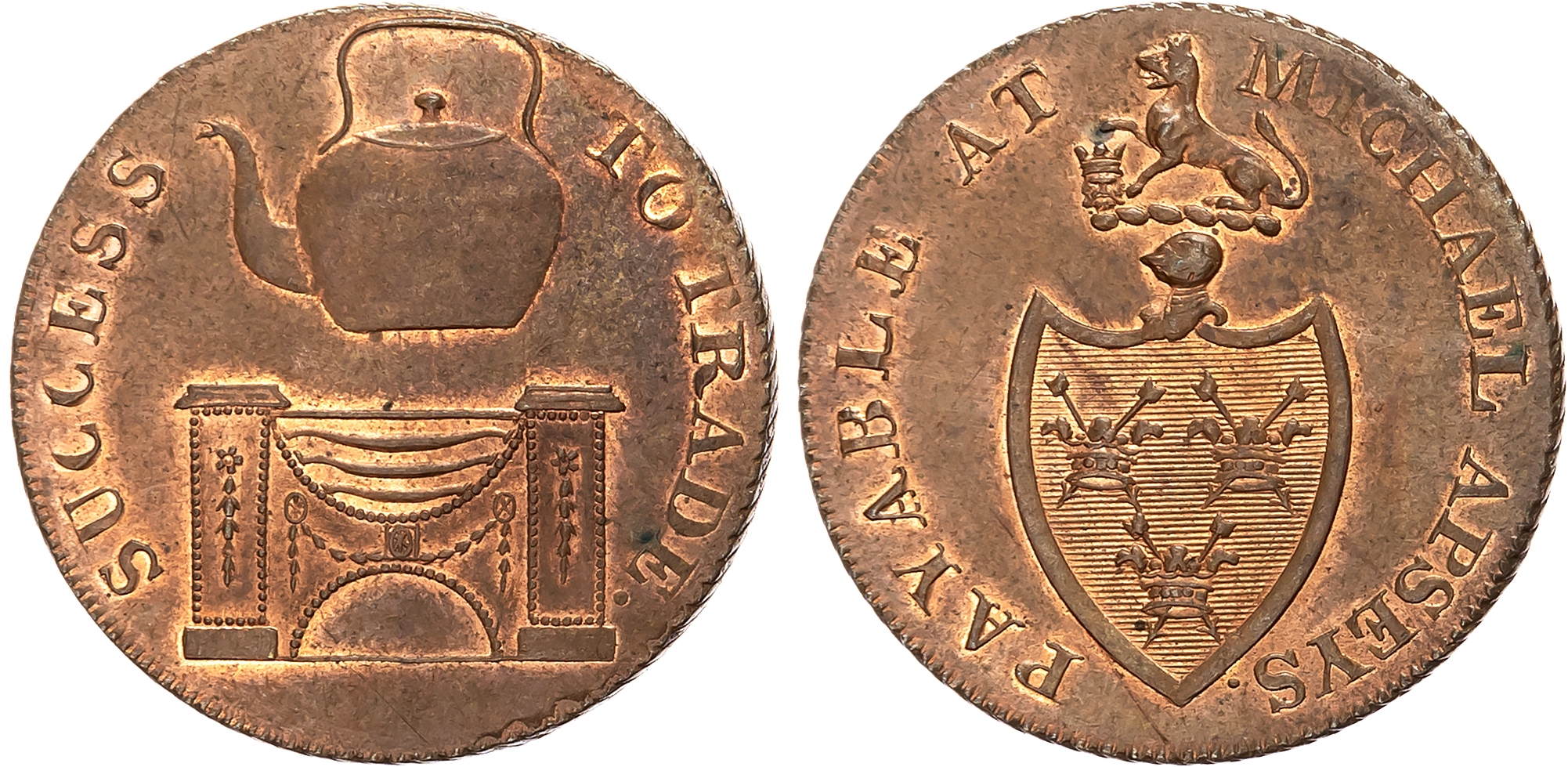 Suff. Bury St. Edmunds . Michael Apsey, (ironmonger and tinman) Halfpenny undated, Arms of the town, rev. kettle over fi …