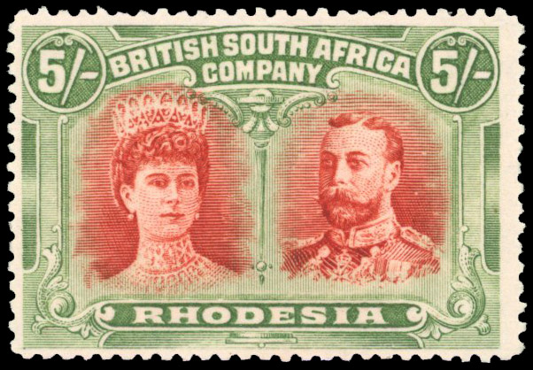 Rhodesia 1910-13 5s aniline Indian red and green perf 14