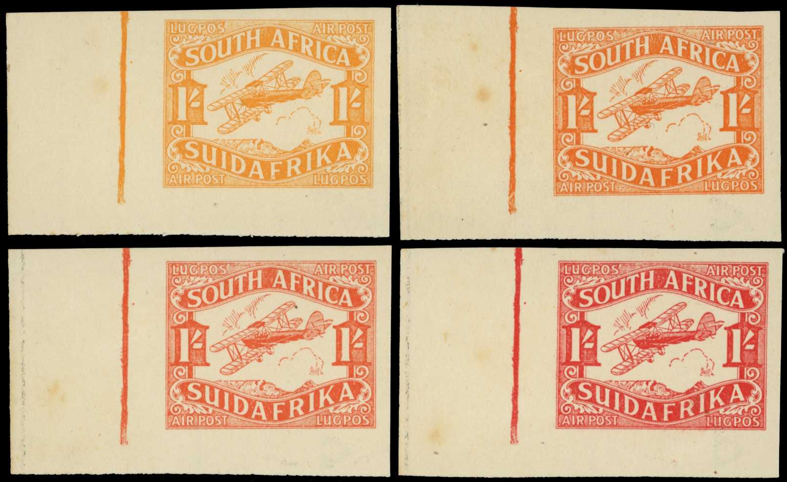 South Africa 1929 1s value, four lower left corner colour trials, SG 41var