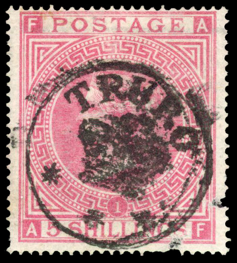 1867 5s Rose Pl.1. Used “Truro Crown“ experimental cancellation.