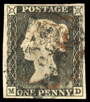 1840 1d Grey black Pl.1a. (MD) Used red MC and More to Pay H/S
