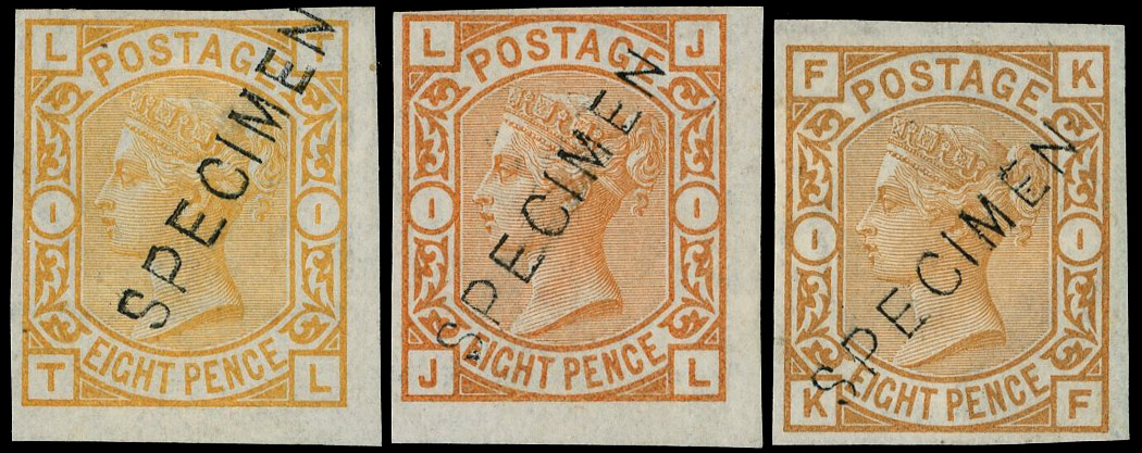1876 8d Colour trials Pl.1. Very fine group of three imperforate examples in orange, pale orange-yellow and brown-orange…