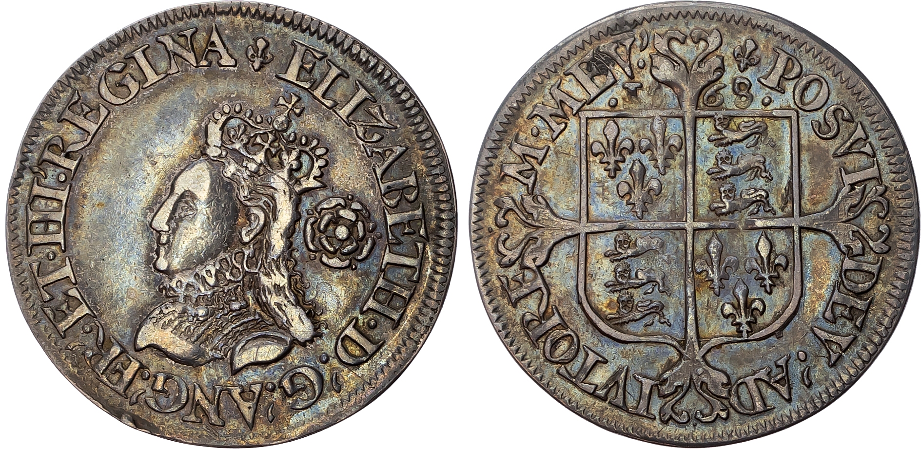 Elizabeth I (1558-1603) Sixpence, 1568, milled coinage, mintmark lis. Small crowned bust left, rose behind. Rev, square …