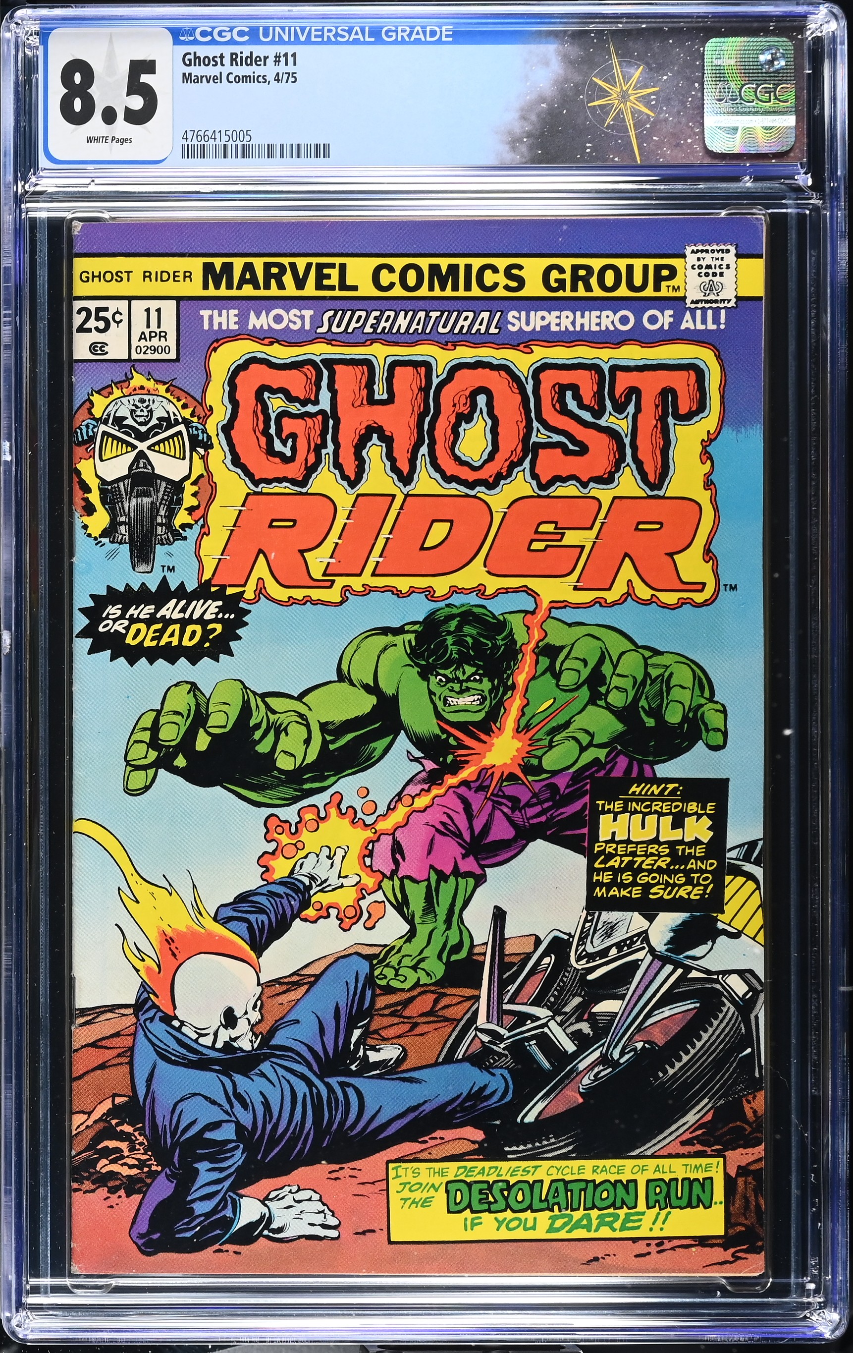 Ghost Rider #11 CGC 8.5 Hulk vs Ghost Rider Cover by Gil Kane (Marvel Comics, 1975) White Pages