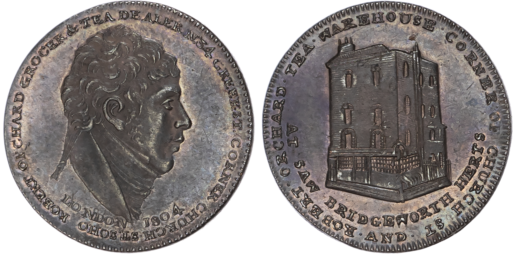 London, Soho , Robert Orchard Farthing 1804, Head of Orchard right, rev. View of the Islington Church Street w…