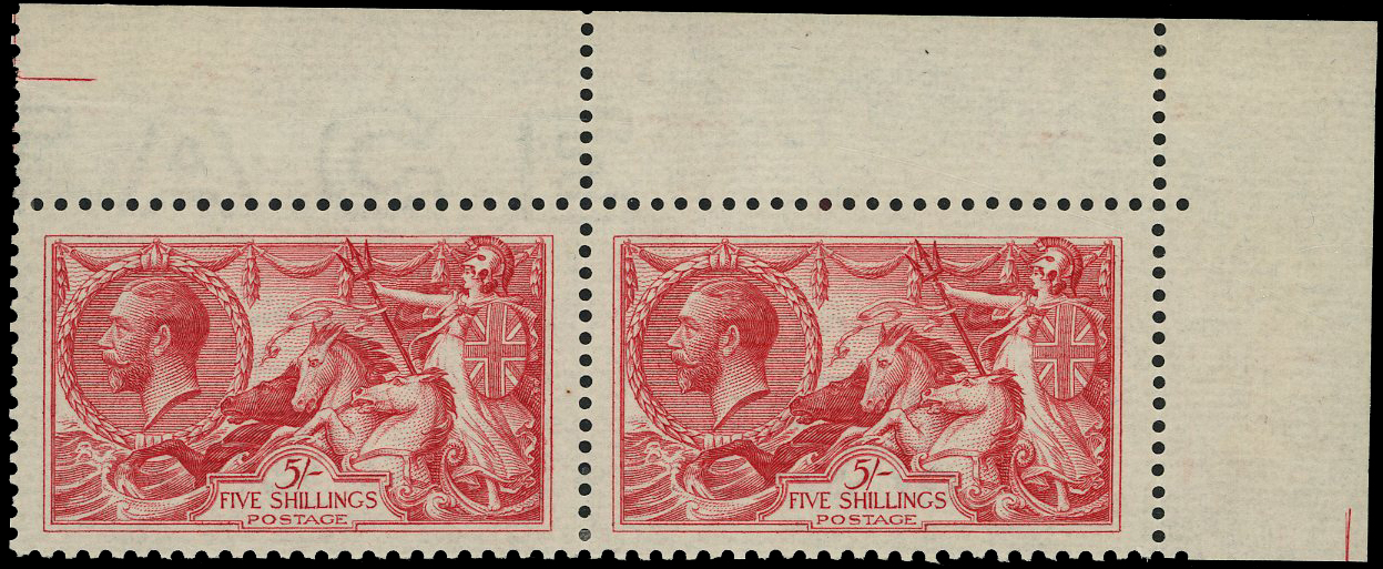 Great Britain 1919 5s Rose red. Superb unused o.g. top right hand corner marginal horizontal...