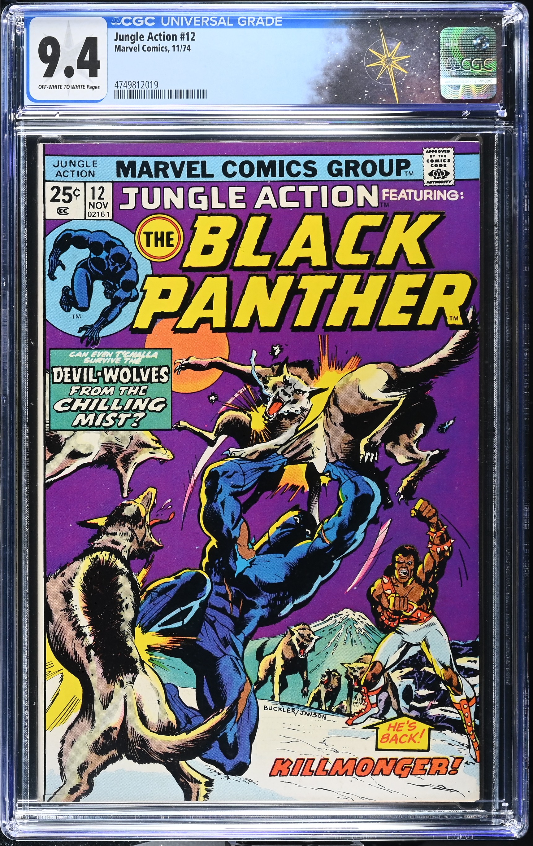 Jungle Action #12 CGC 9.4 Erik Killmonger Cover & Appearance (Marvel Comics, 1974) Off-White to White Pages