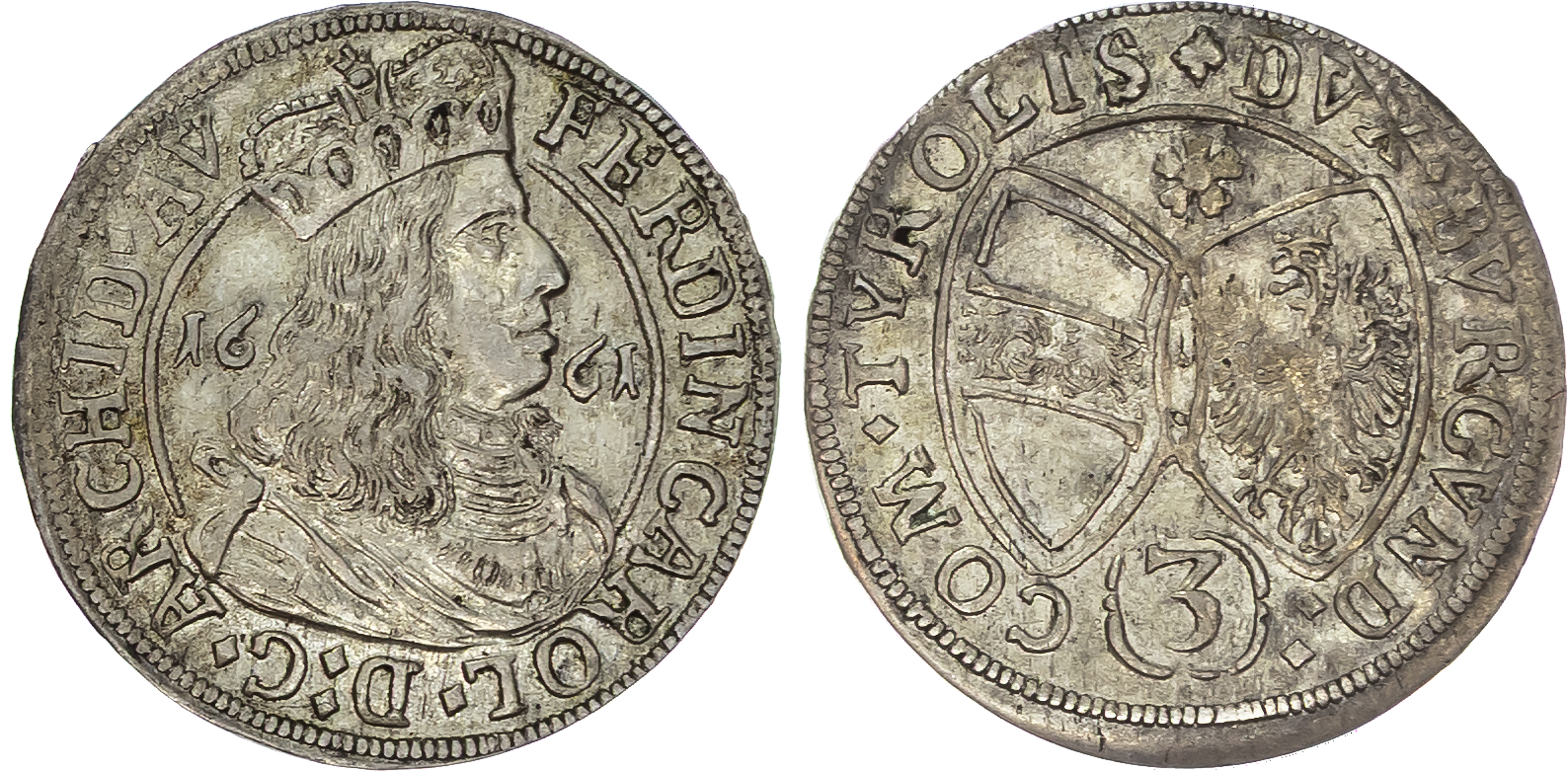 Austria, Holy Roman Empire, Ferdinand Charles (1632-1662), silver 3 Kreuzer, 1661, Hall, 1.60g (KM 852). About…