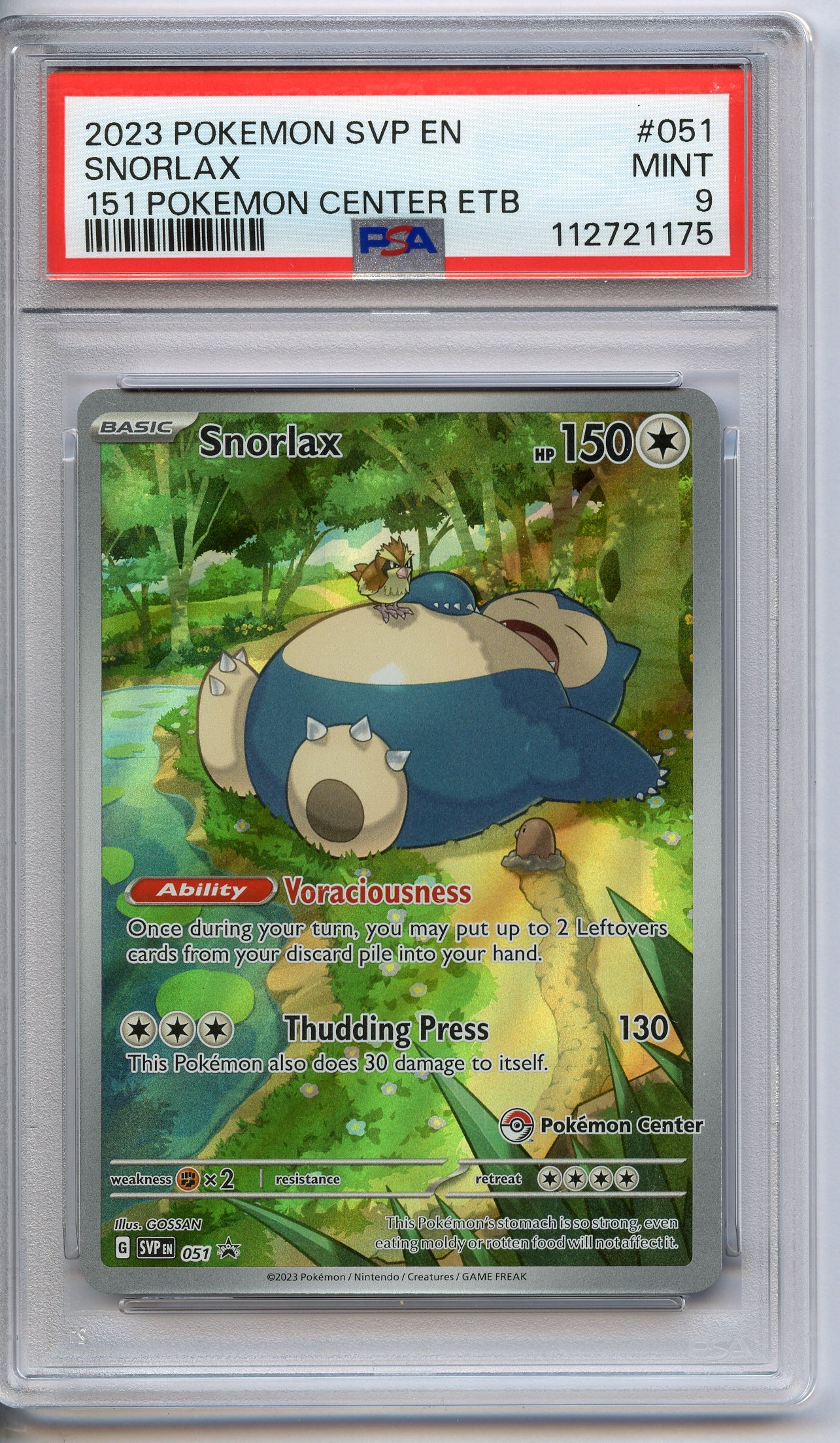 PSA 9 Snorlax #51 SV 151 Promo Pokemon Center ETB