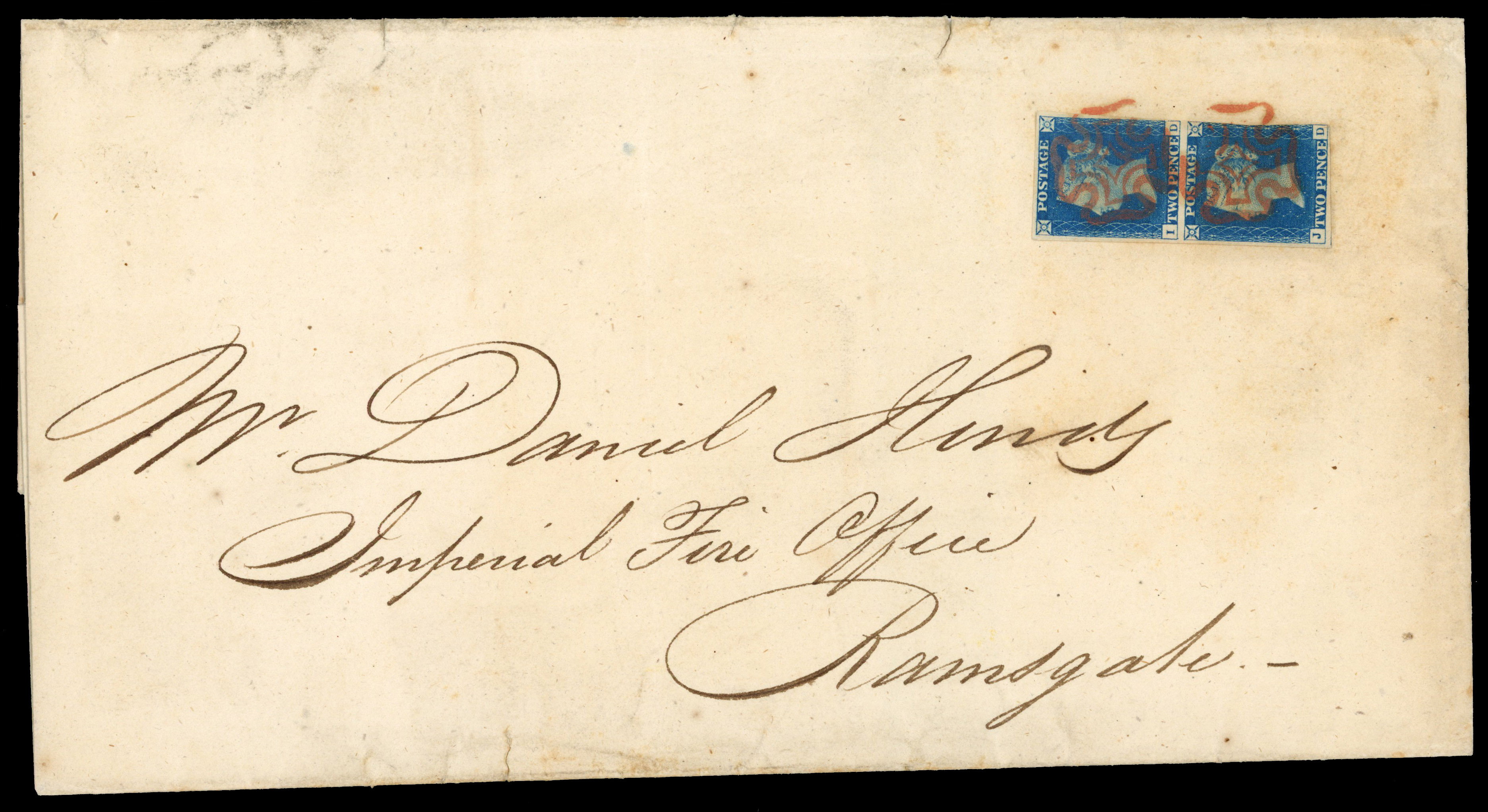 1840 2d blue, vertical pair (ID-JD), neatly cancelled by red MC on large entire