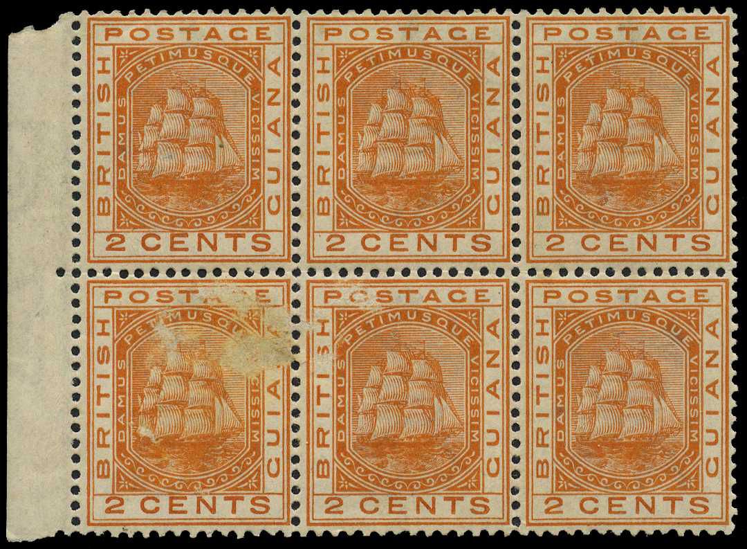 1882 Crown CA 2c orange, left marginal block...
