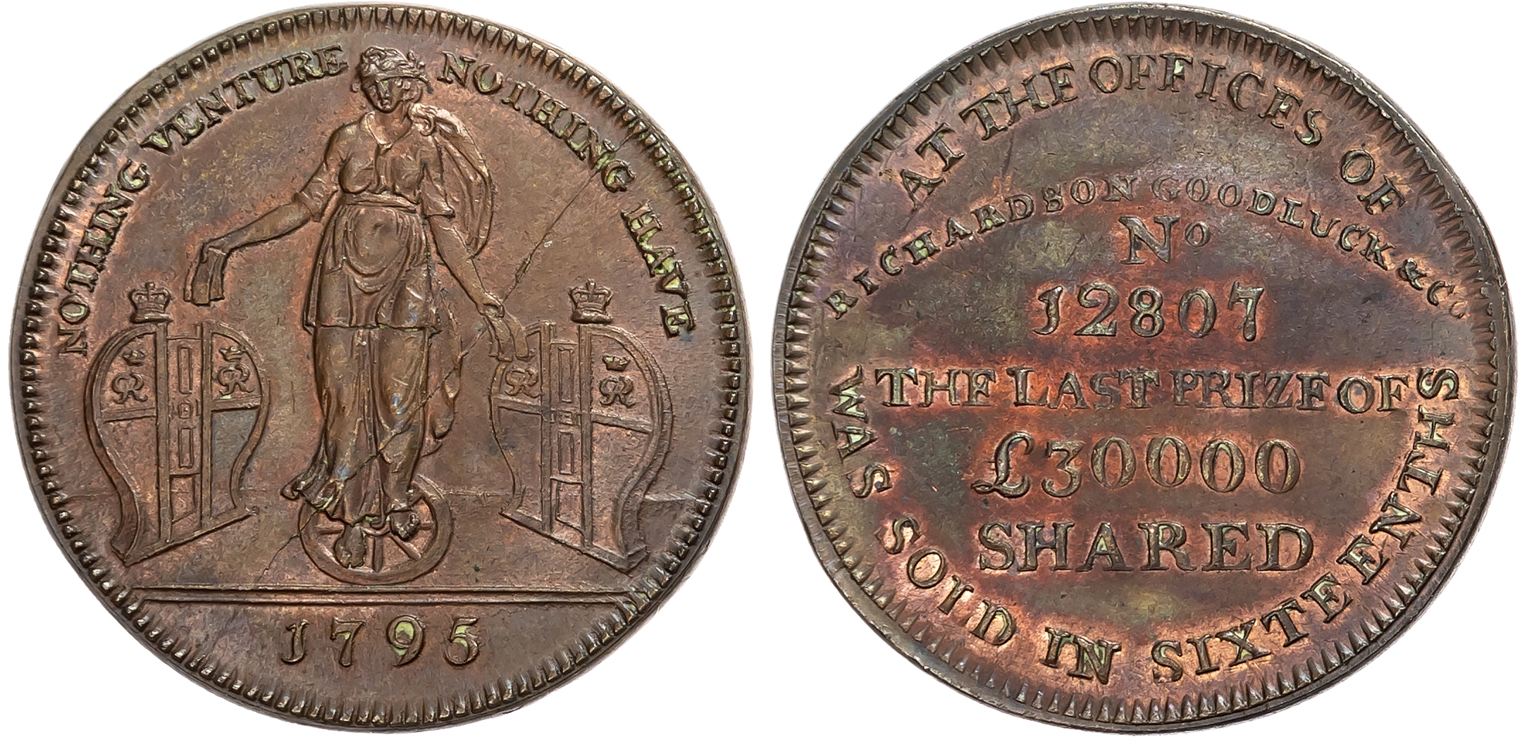 London, Cornhill , Richardson Goodluck & Co. (stockbrokers and lottery organisers) advertising Halfpenny 1795, Fortune,  …