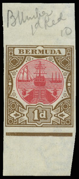 1902 1d "Dock" imperforate colour trial in carmine...