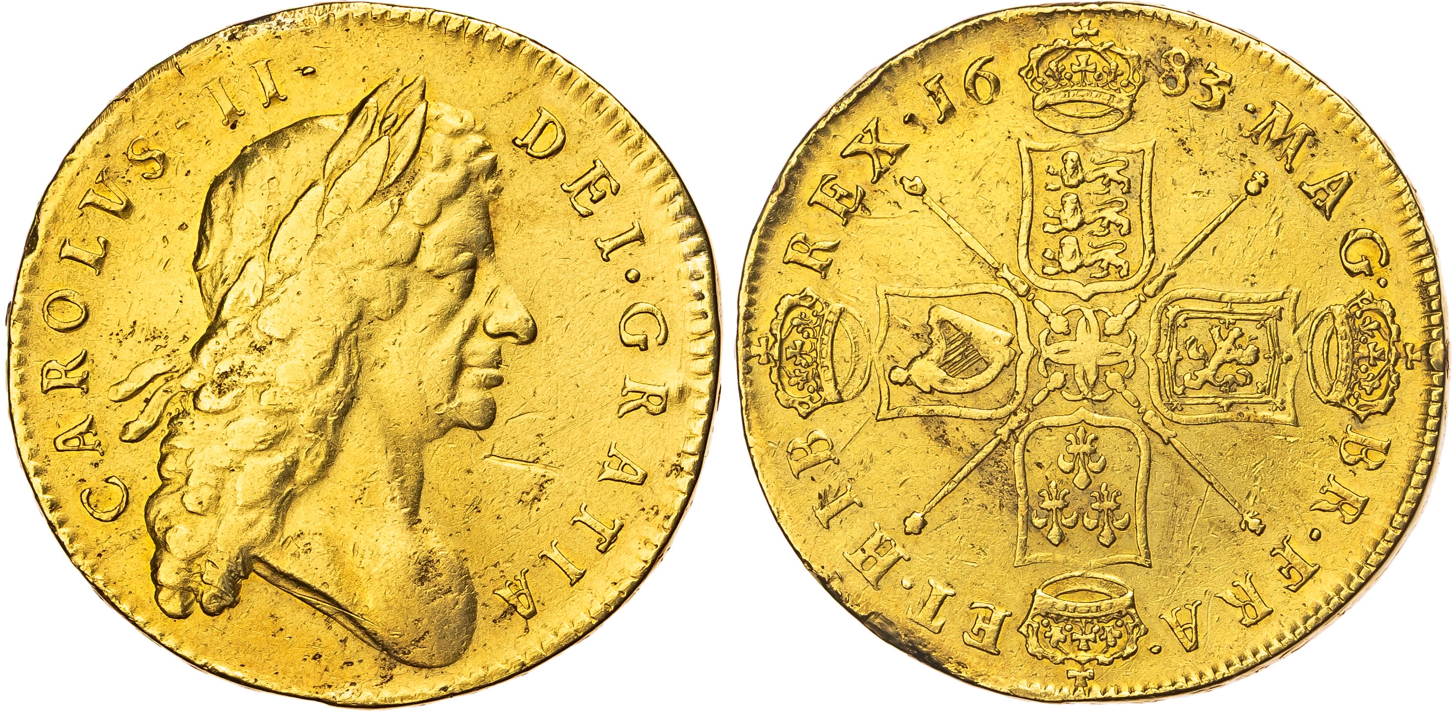 Charles II (1660-1685), AV Five Guineas, 1683 T. QVINTO. 