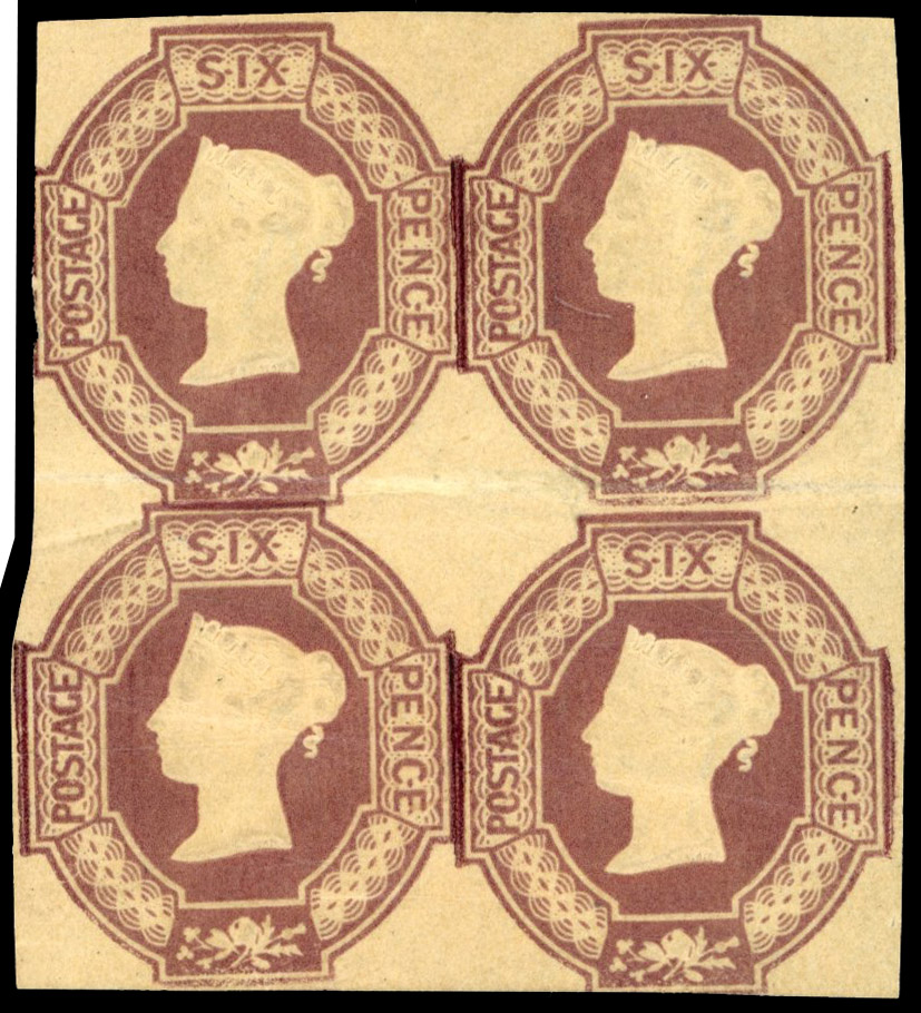 SG 58 1854 embossed 6d mauve block of four mint