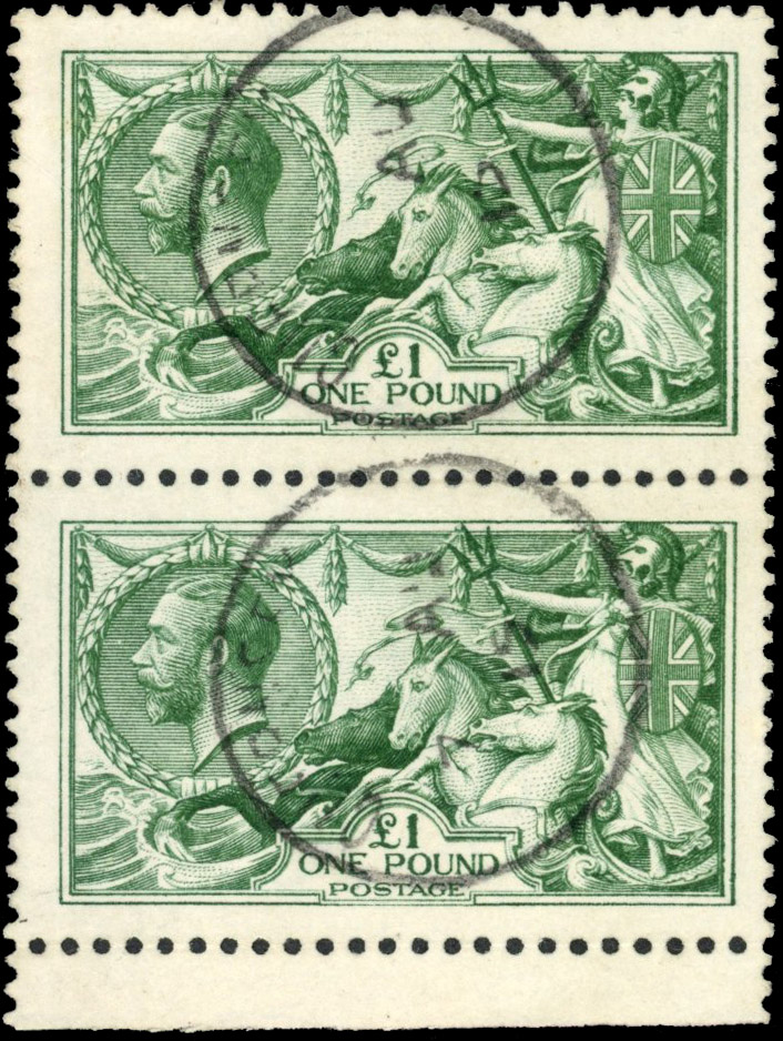 GB: 1913 Waterlow ‘Seahorses’ £1 dull blue-green, lower part marginal vertical pair, cancelled