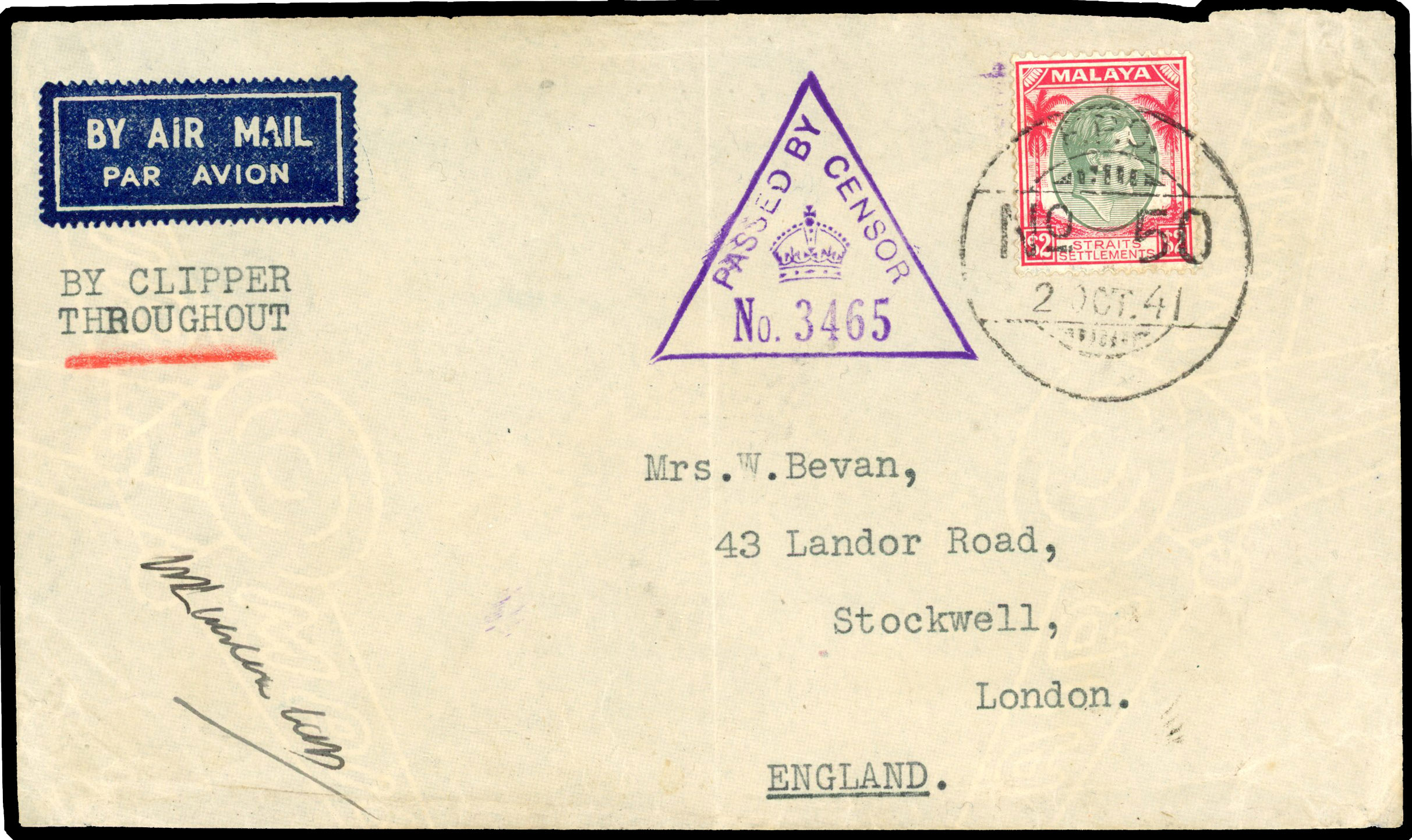 Straits Settlements 1941 censored airmail cover to England
