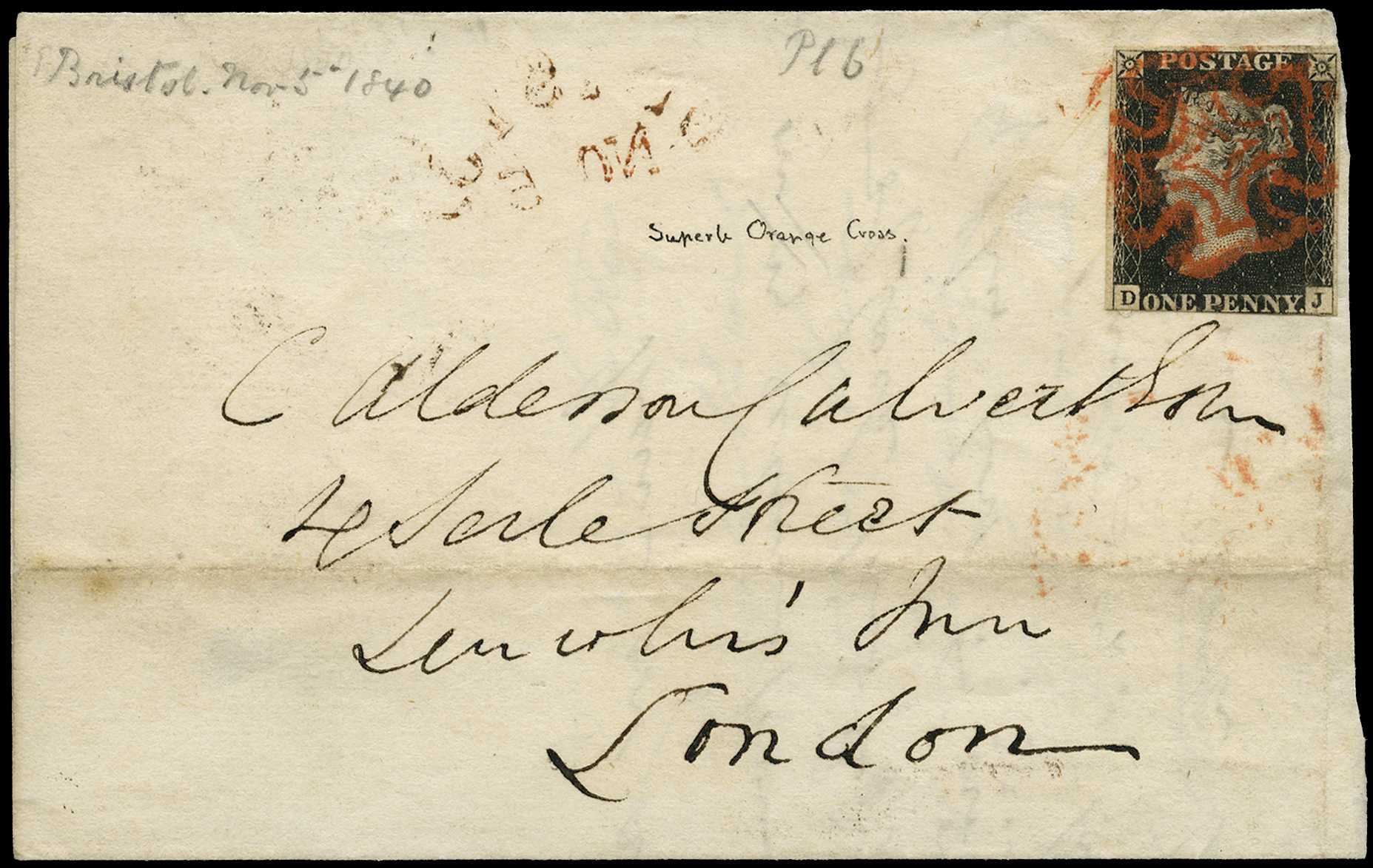 1840 1d black plate 6 (DJ) 3-margin, just tied...