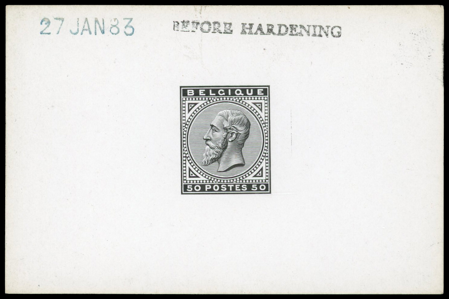 Belgium 1883 (27 JAN) 50c DLR die proof in black, SG 66var