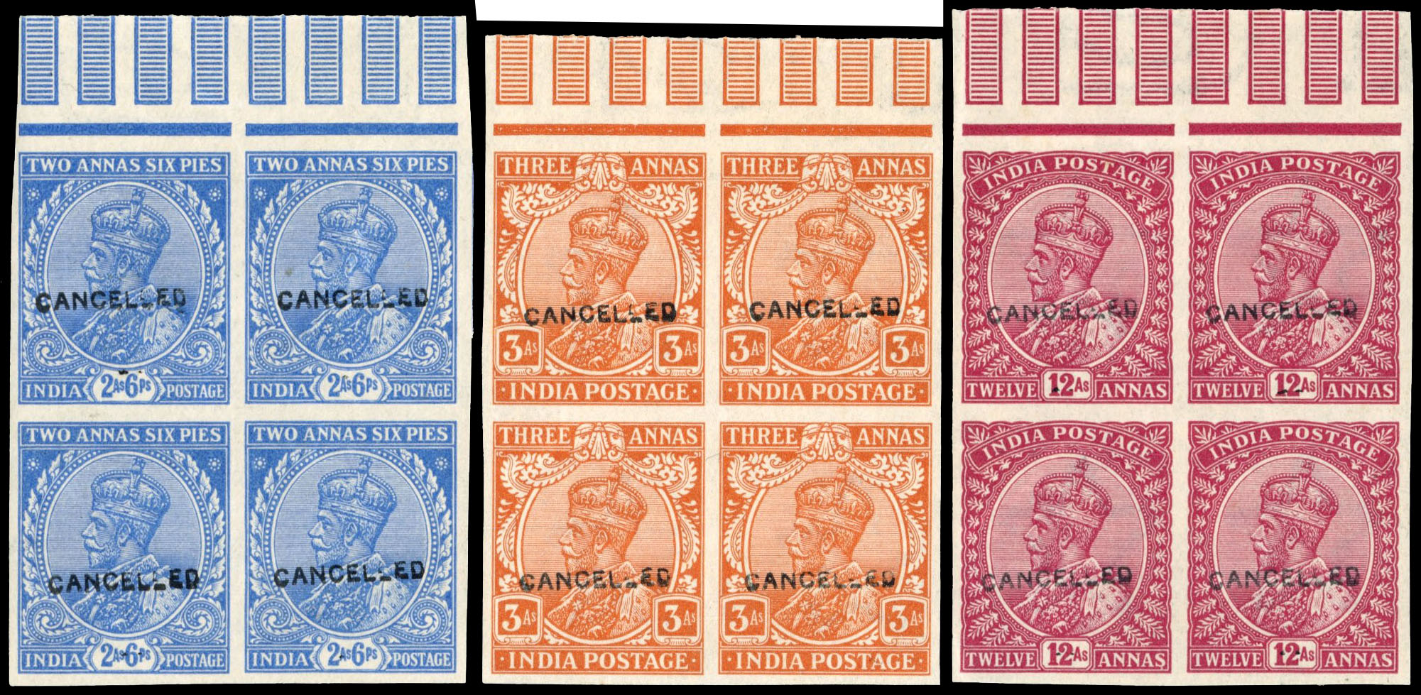India SG 170, 172 and 184 imperf blocks of 4 optd CANCELLED 