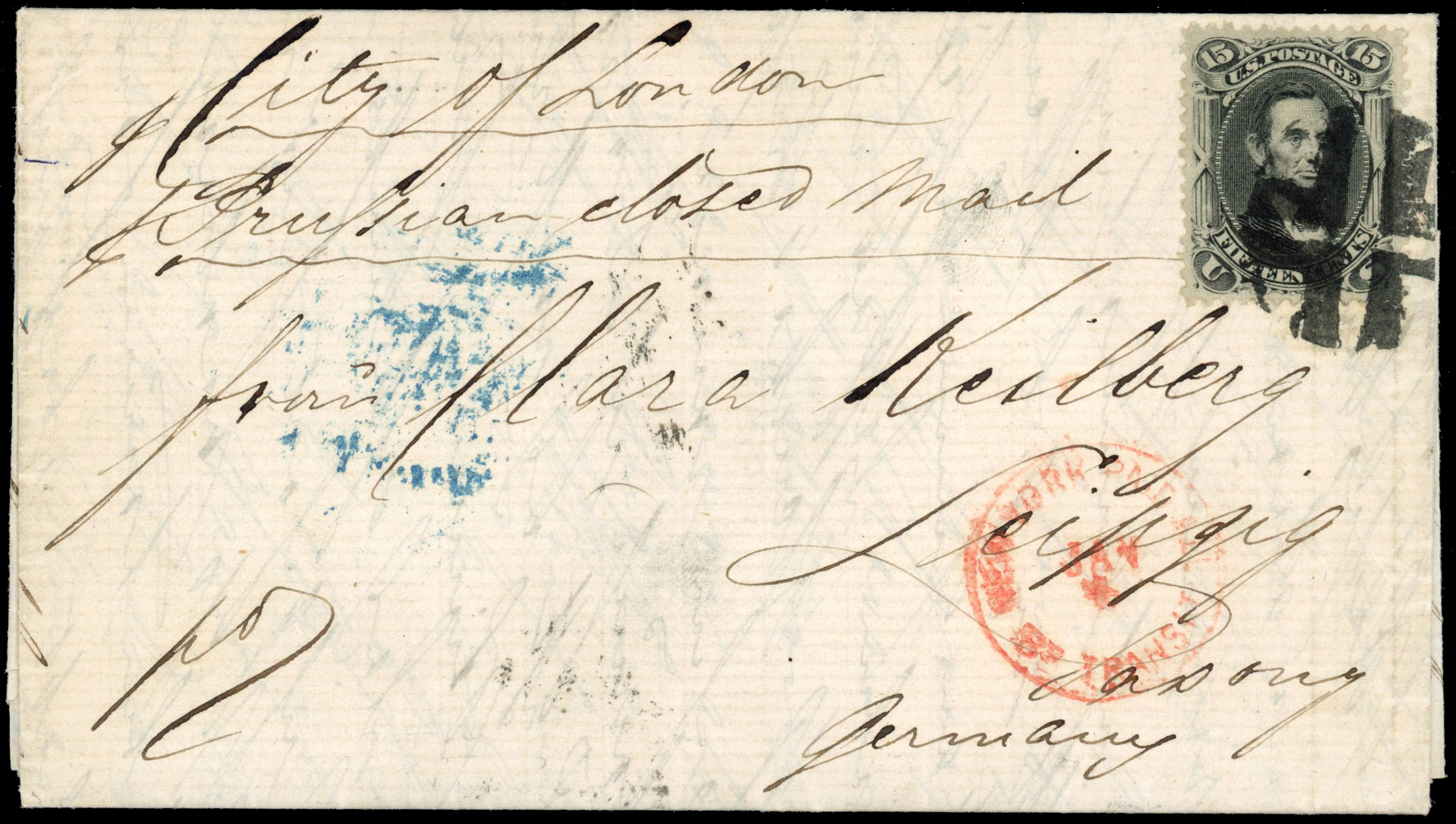 USA 1868 entire to Saxony, Germany, franked by 1862-66 15c grey-black