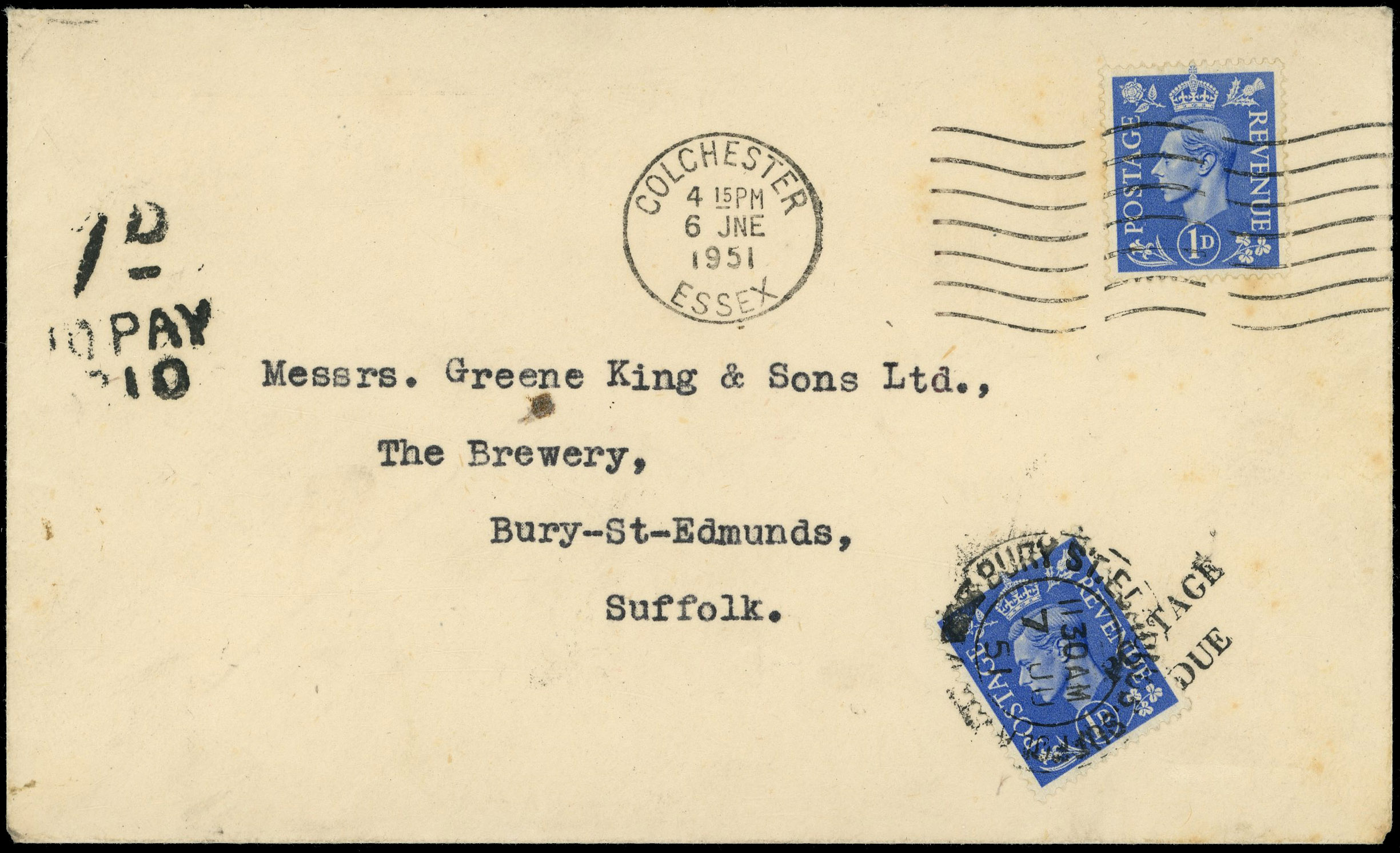 GB 1951 Bury St Edmunds Postage Due cover