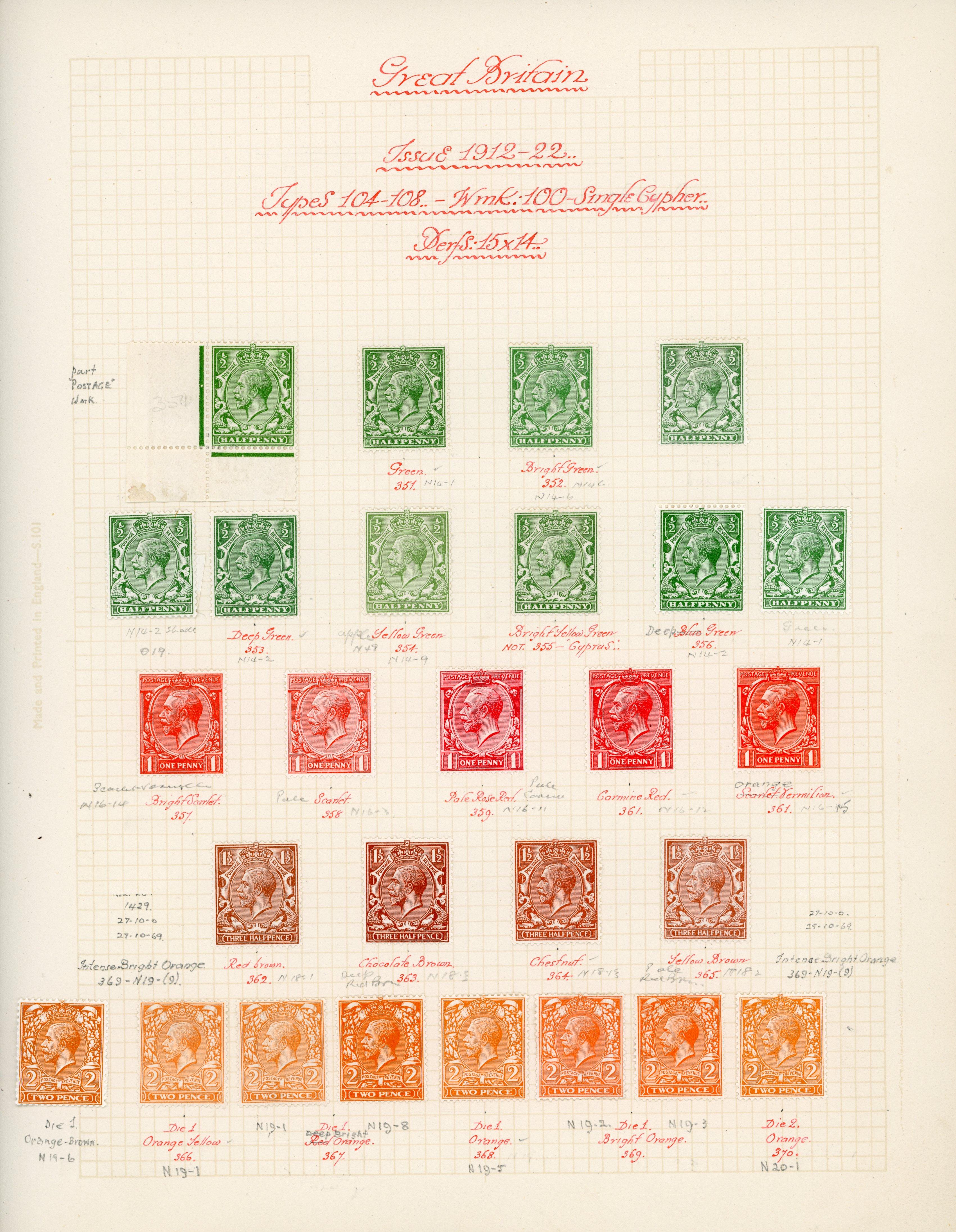 GB 1912-24 ½d to 1s Simple Cypher shades mint