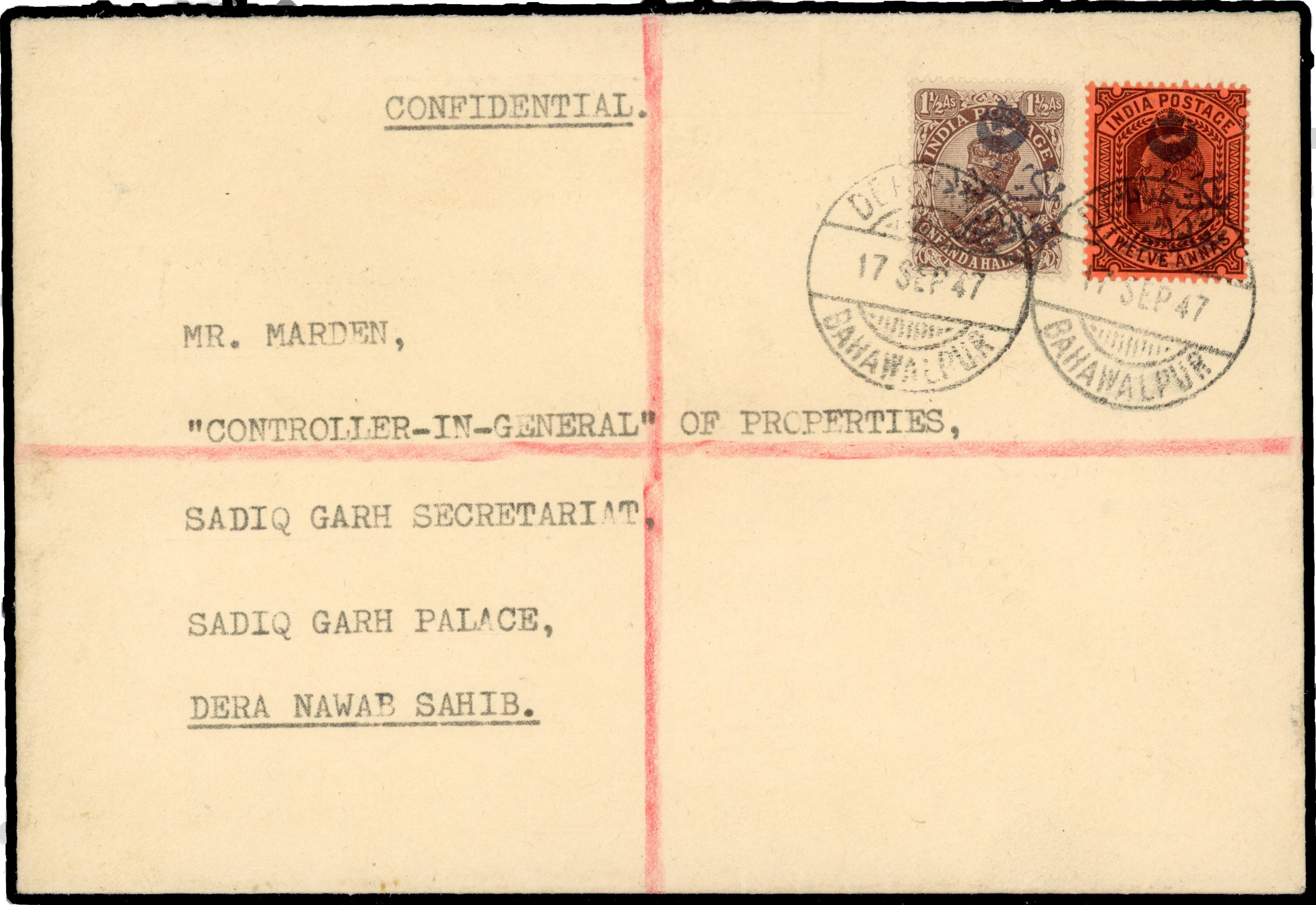 Bahawalpur 1947 rubber handstamp on KEVII 12a and KGV 1½a on cover