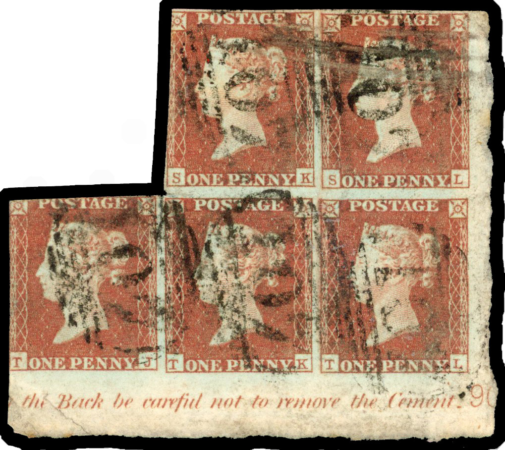 1841 1d Red-brown Pl.90 Corner plate marginal block of five.