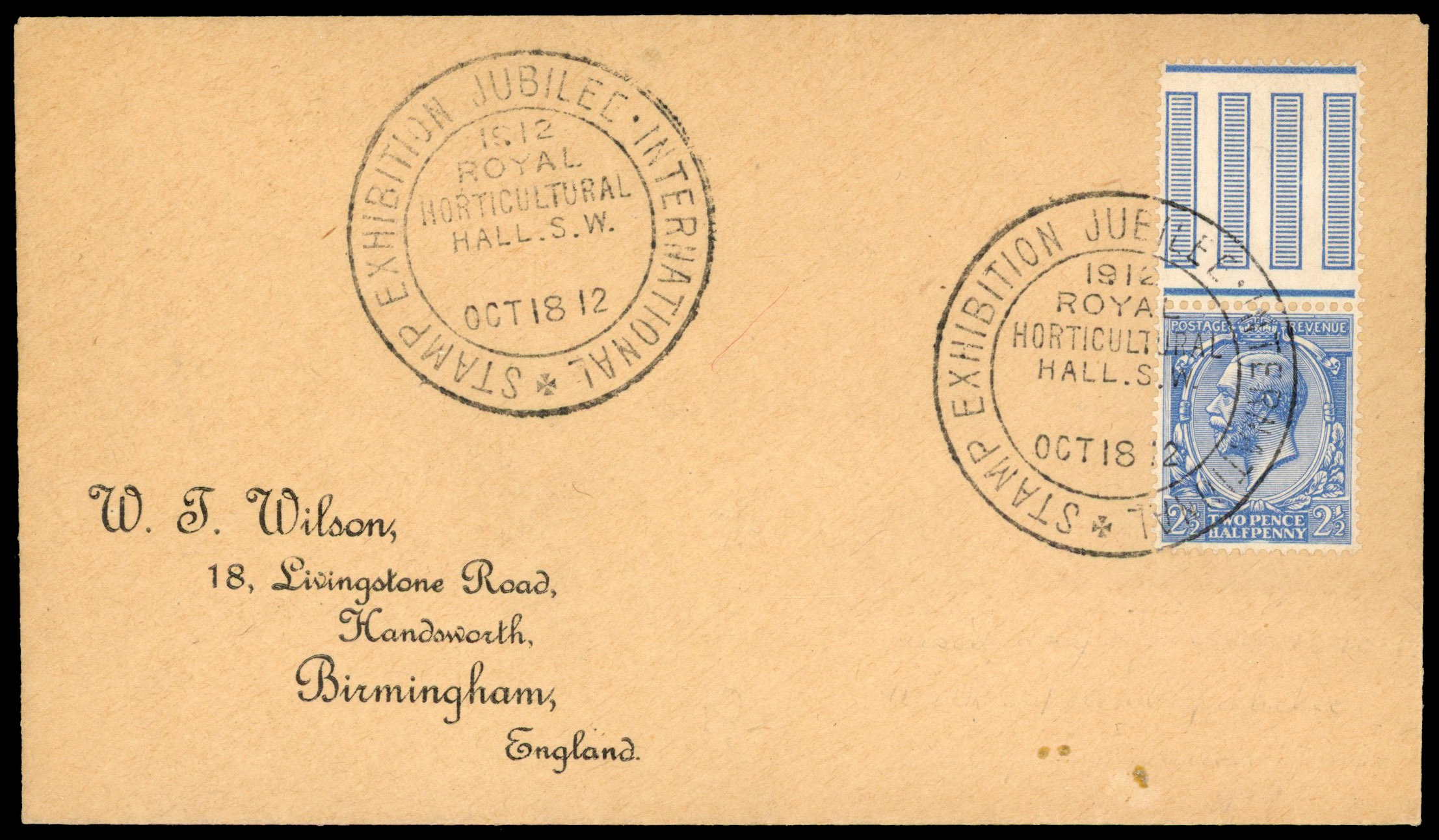 1912 2½d Blue. Very fine ‘W.J. Wilson’ envelope bearing a 2½d Blue (SG372) FDC