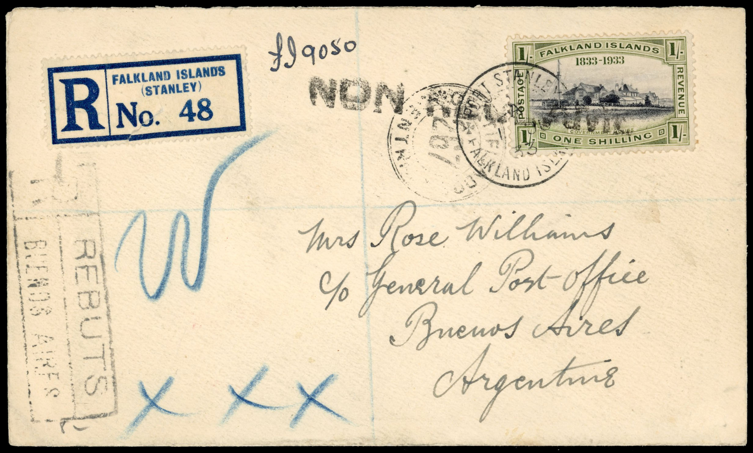 Falkland Islands 1933 Centenary 1s on untaxed cover to Buenos Aires