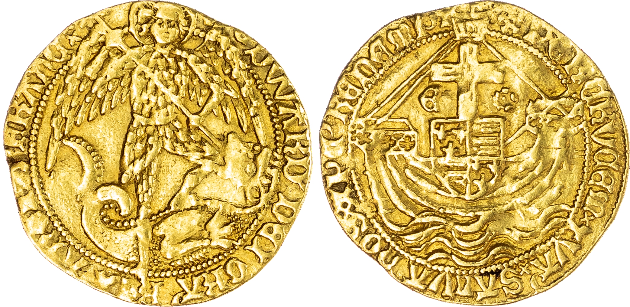 Edward IV, second reign (1471-1483), Angel of six shillings and eight pence, mintmark heraldic cinquefoil (c.1480-83).