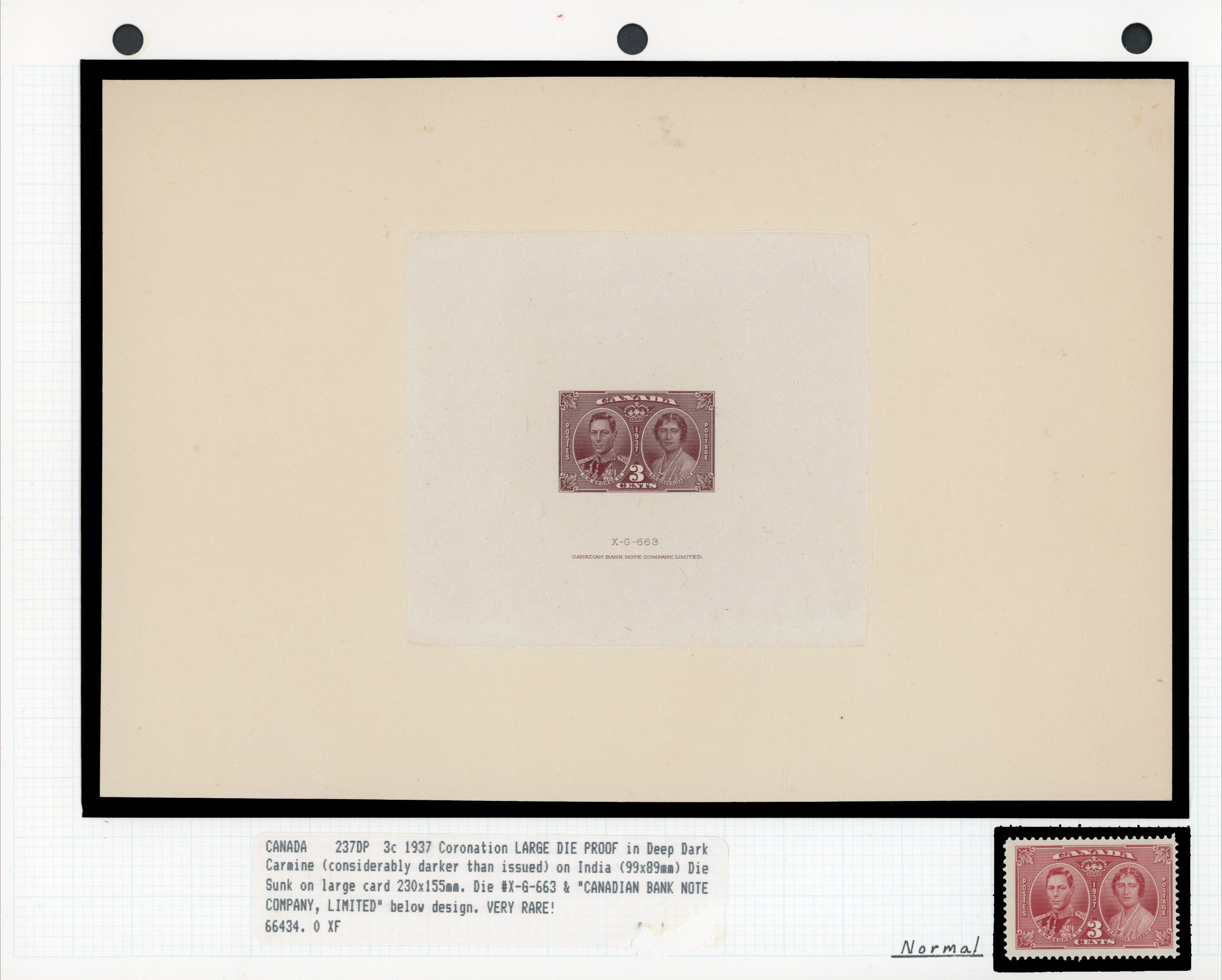 Canada 1937 Coronation 3c die proof in unissued dark carmine