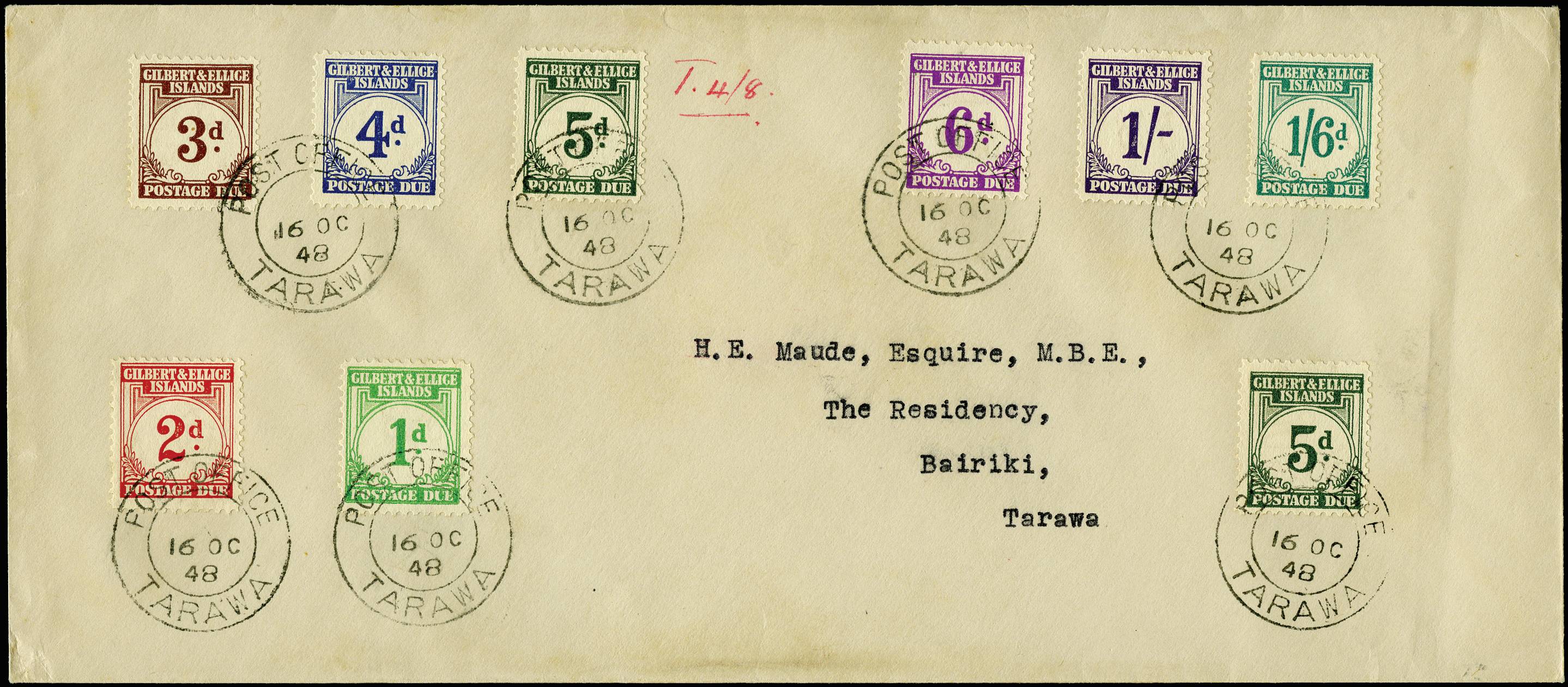 GILBERT & ELLICE ISLANDS SG D1/8 1948 POSTAGE DUE COVER