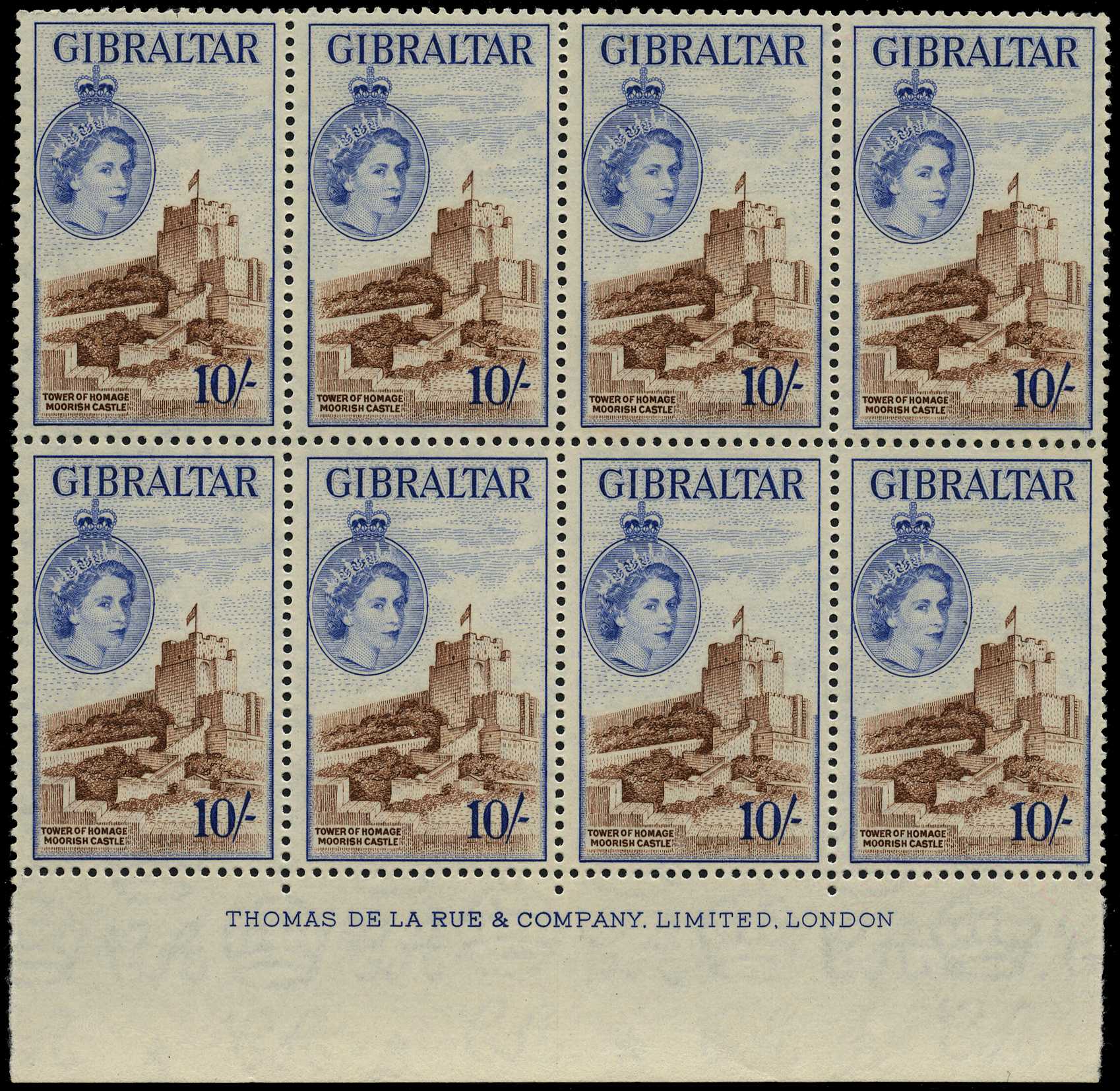 1953 10/- reddish brown and ultramarine...