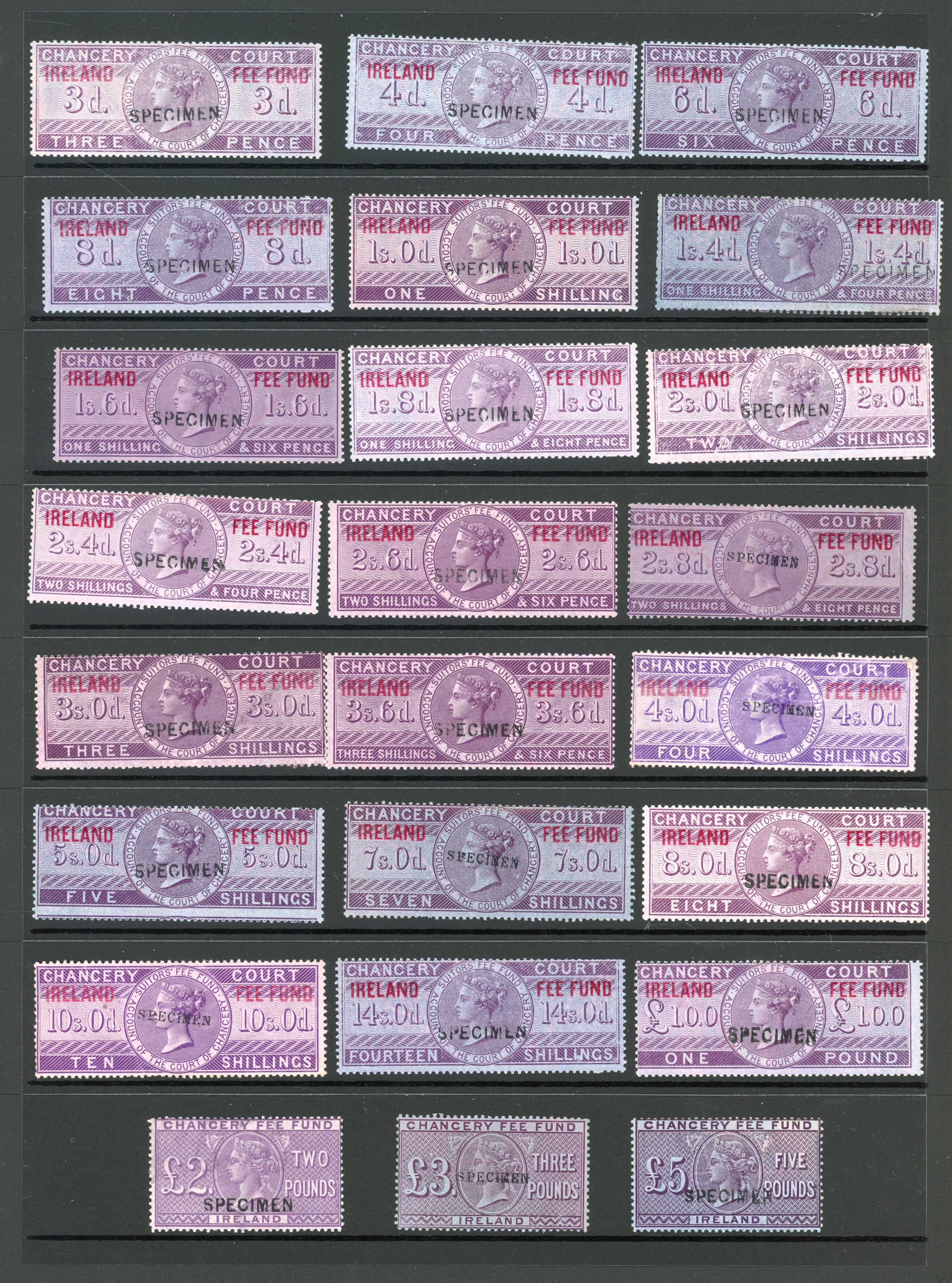 Ireland Chancery Fee Fund 1867 set to £1 and 1868 £2-5 Specimens