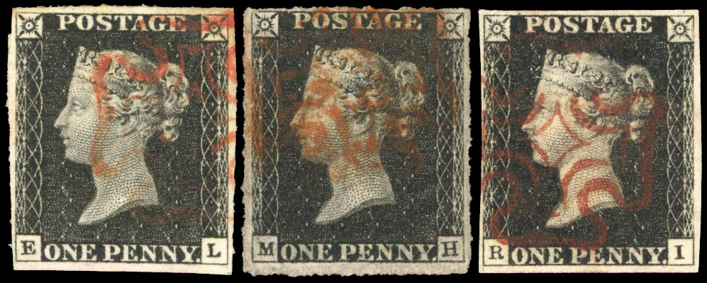 1840 1d black, unplated selection (3), all with four margins and cancelled by red Maltese Cross