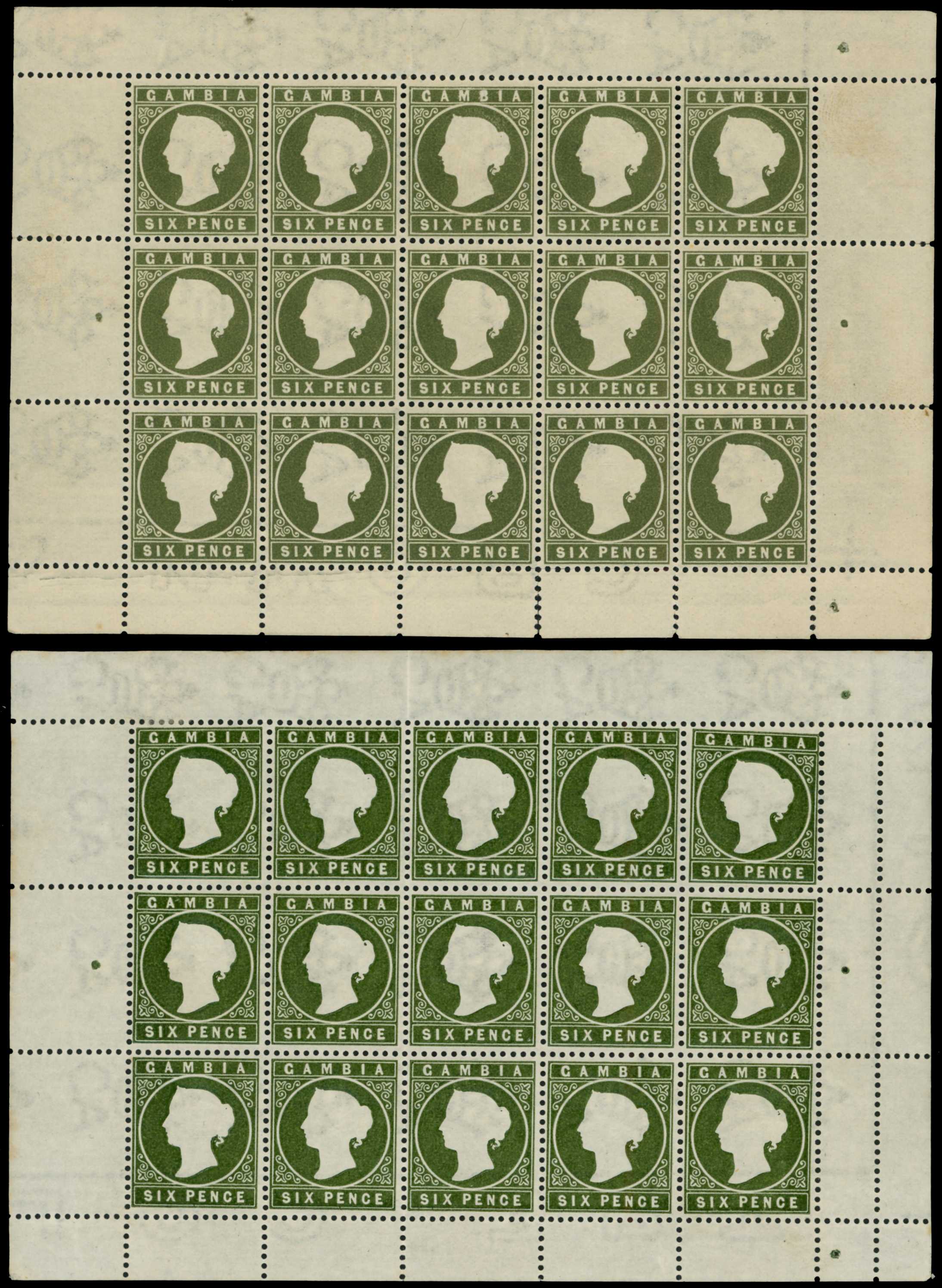 Gambia 1886-93 6d wmk CA (sideways), three complete sheets of 15, SG 33/a, 33c/ca, 34