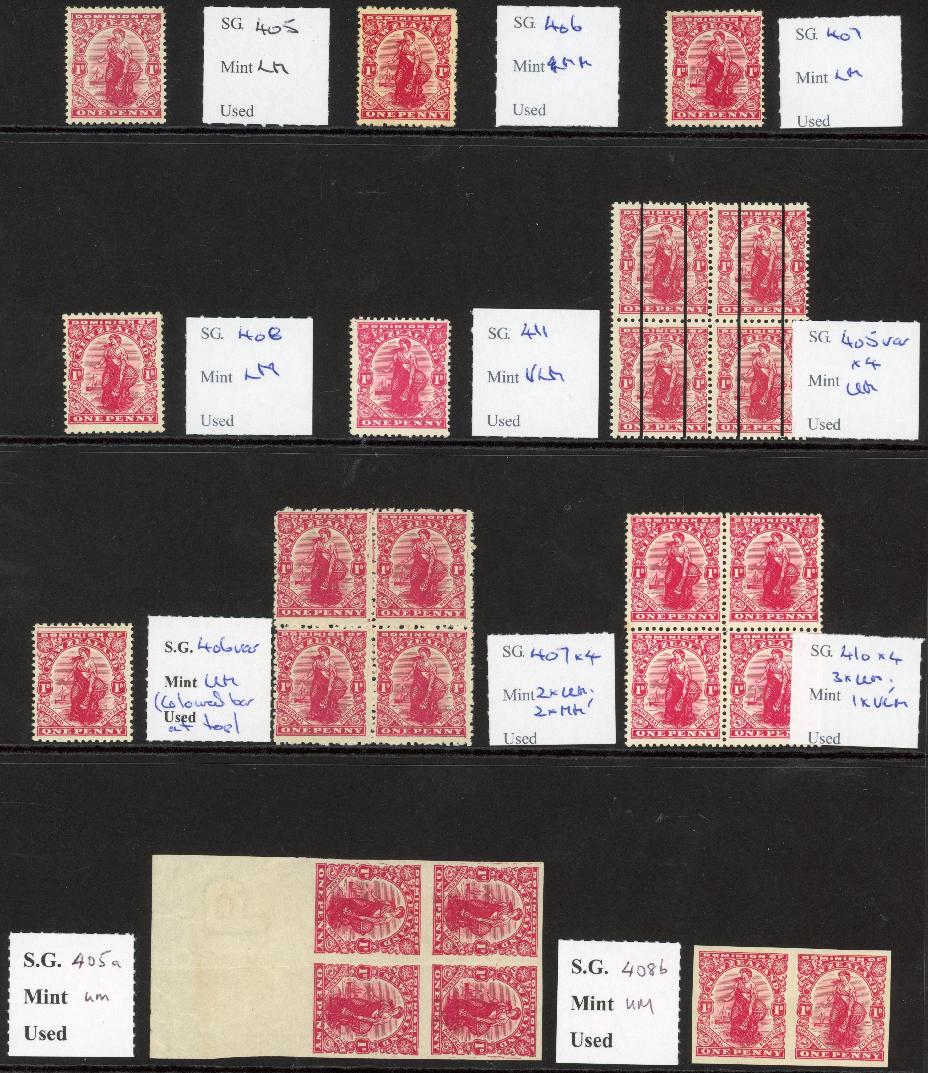 New Zealand SG 405/11 btwn 1909-27 1d Dominion mint collection