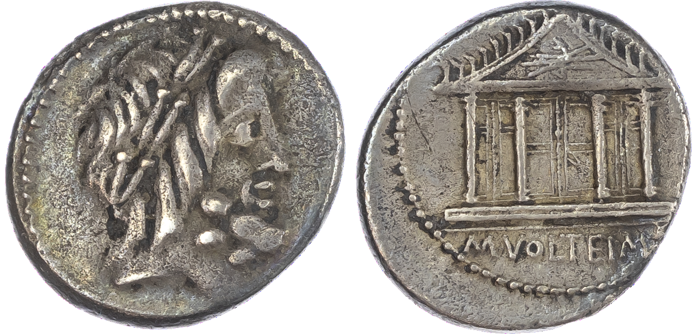 M. Volteius (75 BC) AR Denarius, Rome, 3.69g. Laureate head of Jupiter facing right. Rev. Tetrastyle Temple of Jupiter