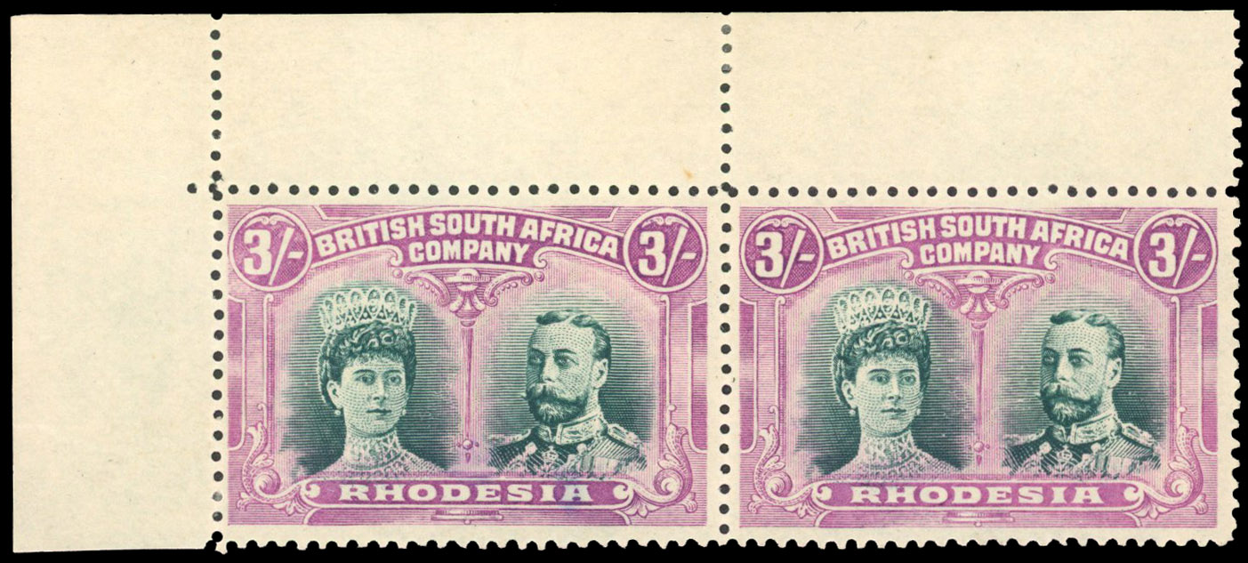 Rhodesia 1910-13 3s bright green and dull claret perf 14