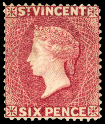 ST VINCENT: 1885/93 perf 14 6d colour trial in carmine-lake on watermarked, gummed paper, with BPA certificate (1974) fine.