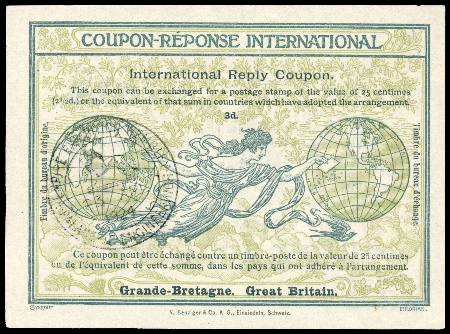 1924 3d UPU International reply coupon. Palace of Engineering first day issue