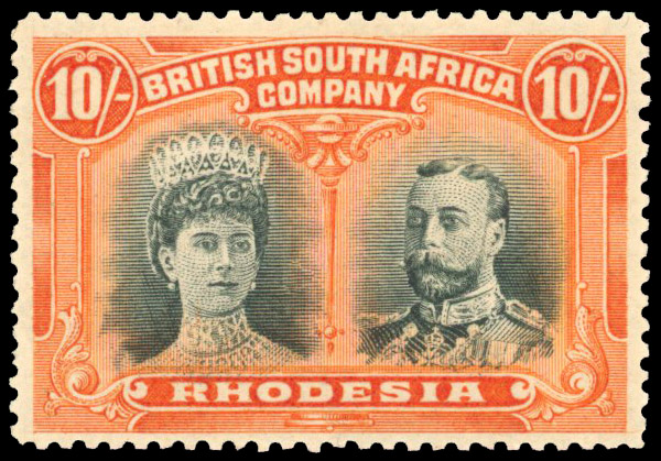 Rhodesia 1910-13 10s bottle green and reddish orange