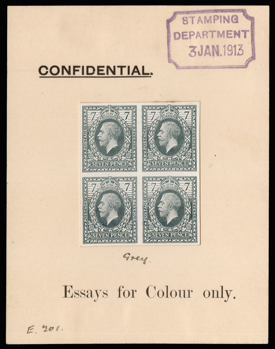Great Britain 1913 7d Eve's Wreath design colour essays. Very fine ungummed imperforate block of four essays (Fig …
