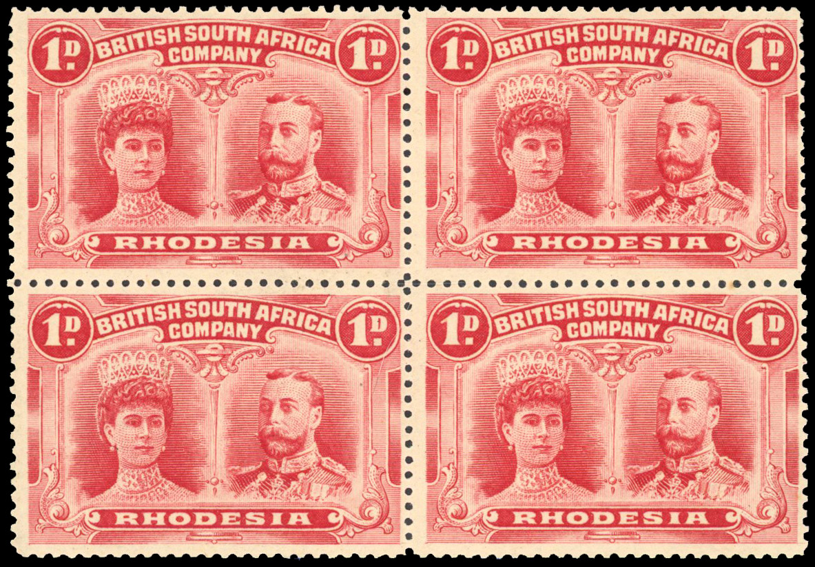 Rhodesia 1910-13 1d rose-red perf 14 block of 4