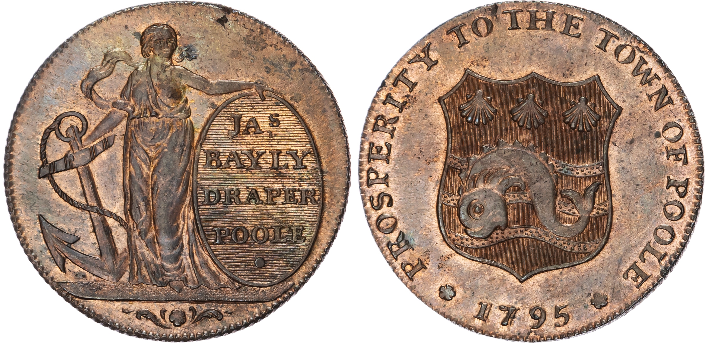 Dor. Poole James Bayly (draper) Halfpenny 1795, Hope standing with anchor and advertisement, rev. town arms, e…