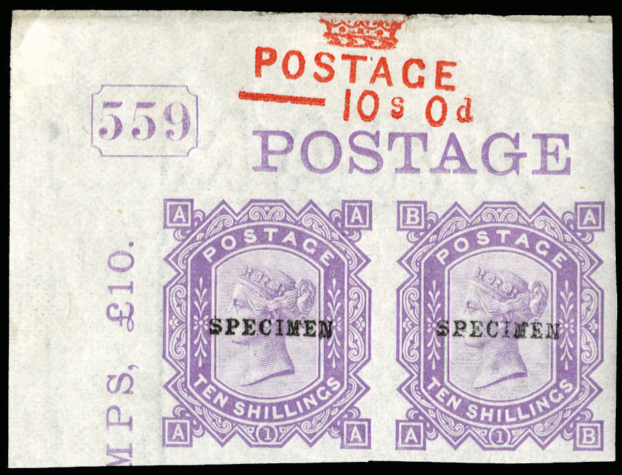 SG128var 1878 10s Colour trial.Pair SPECIMEN 9.