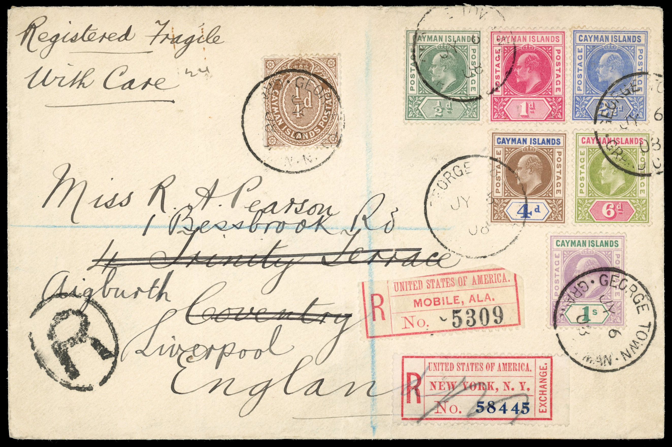 Cayman Islands 1908 'set' on cover to Liverpool